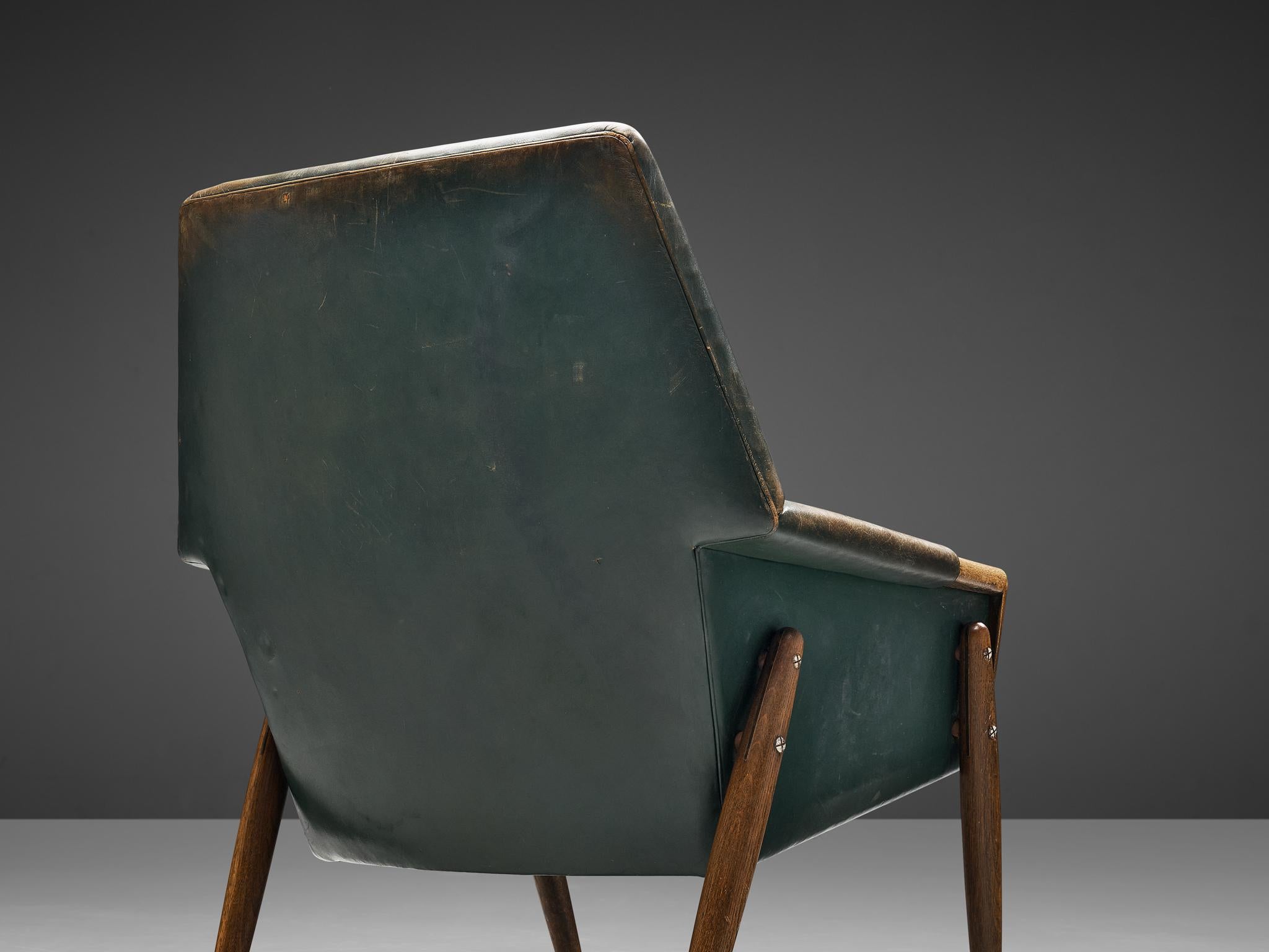 Wood Danish Lounge Chair in Patinated Green Leather