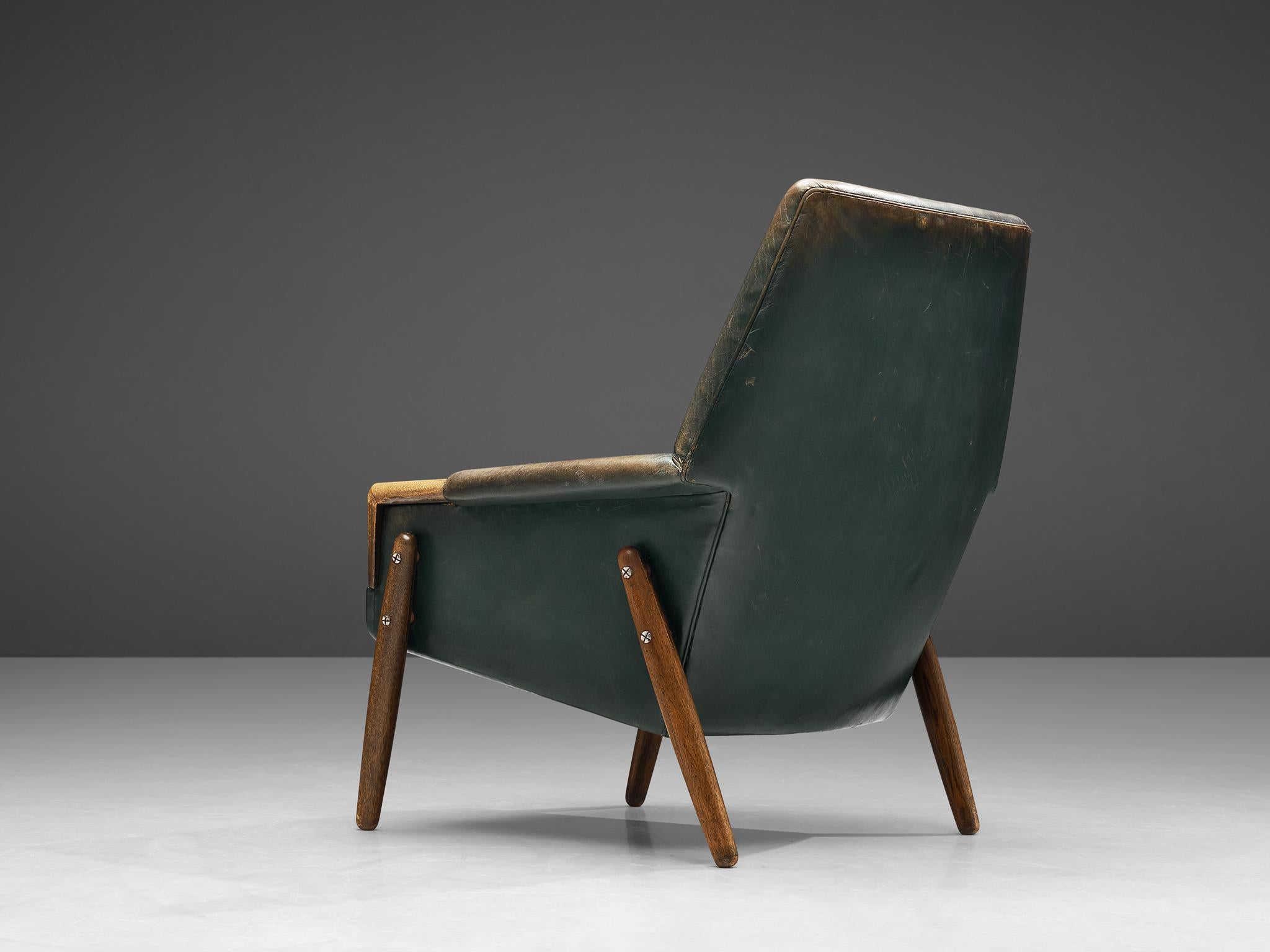 Danish Lounge Chair in Patinated Green Leather 2