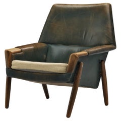 Danish Lounge Chair in Patinated Green Leather