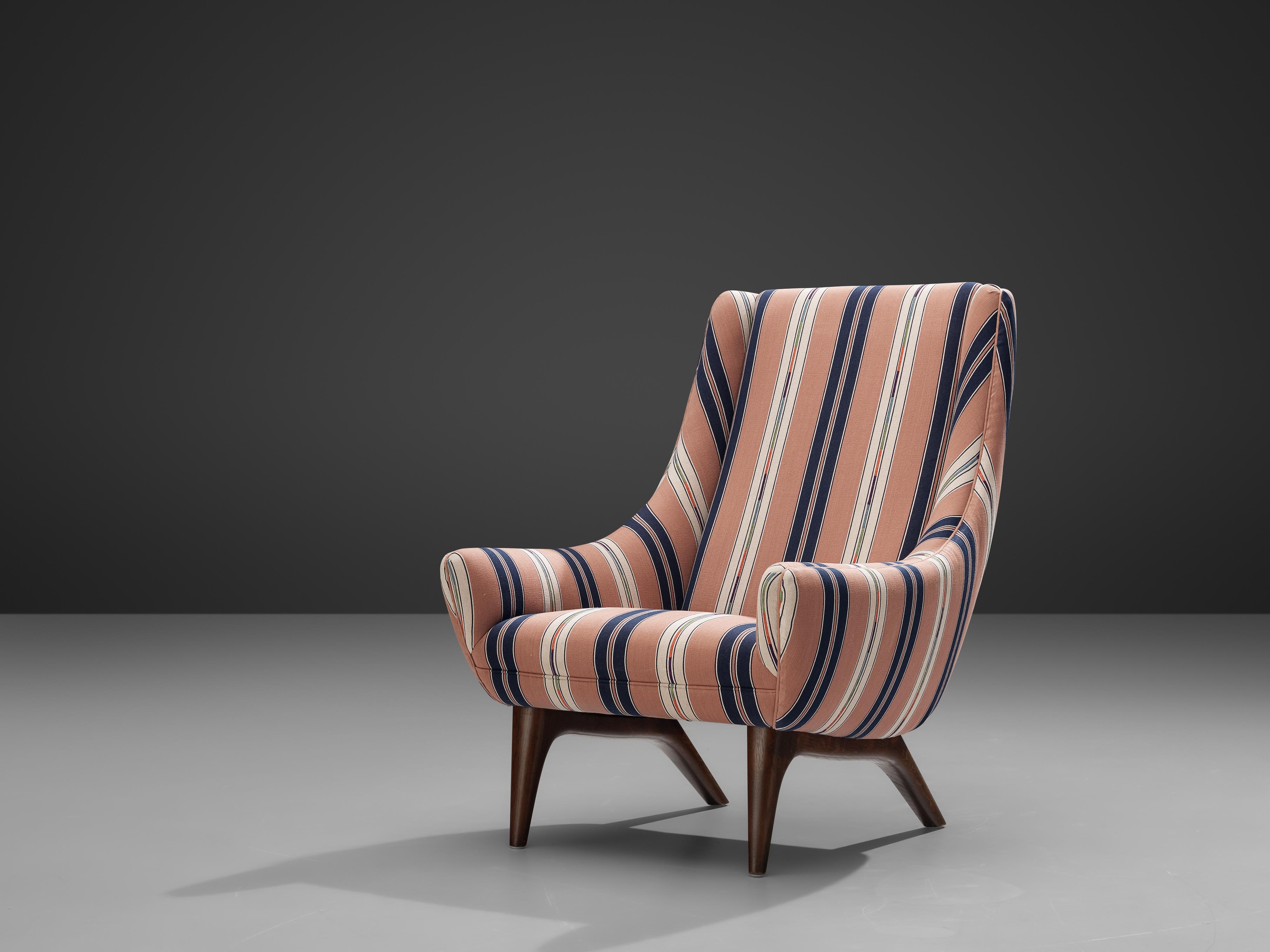 Scandinavian Modern Danish Lounge Chair in Pink/White Striped Fabric 