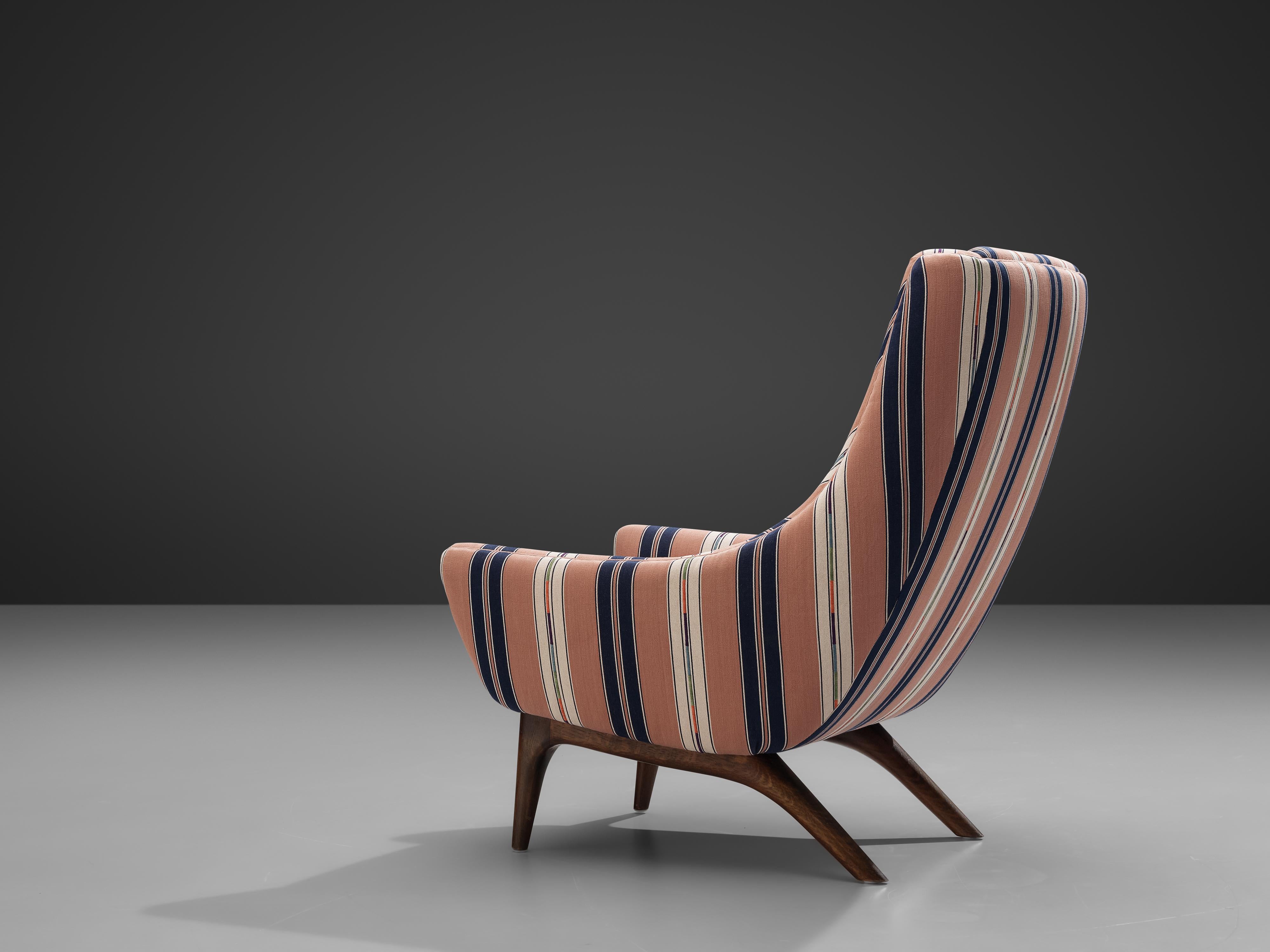 Mid-20th Century Danish Lounge Chair in Pink/White Striped Fabric 