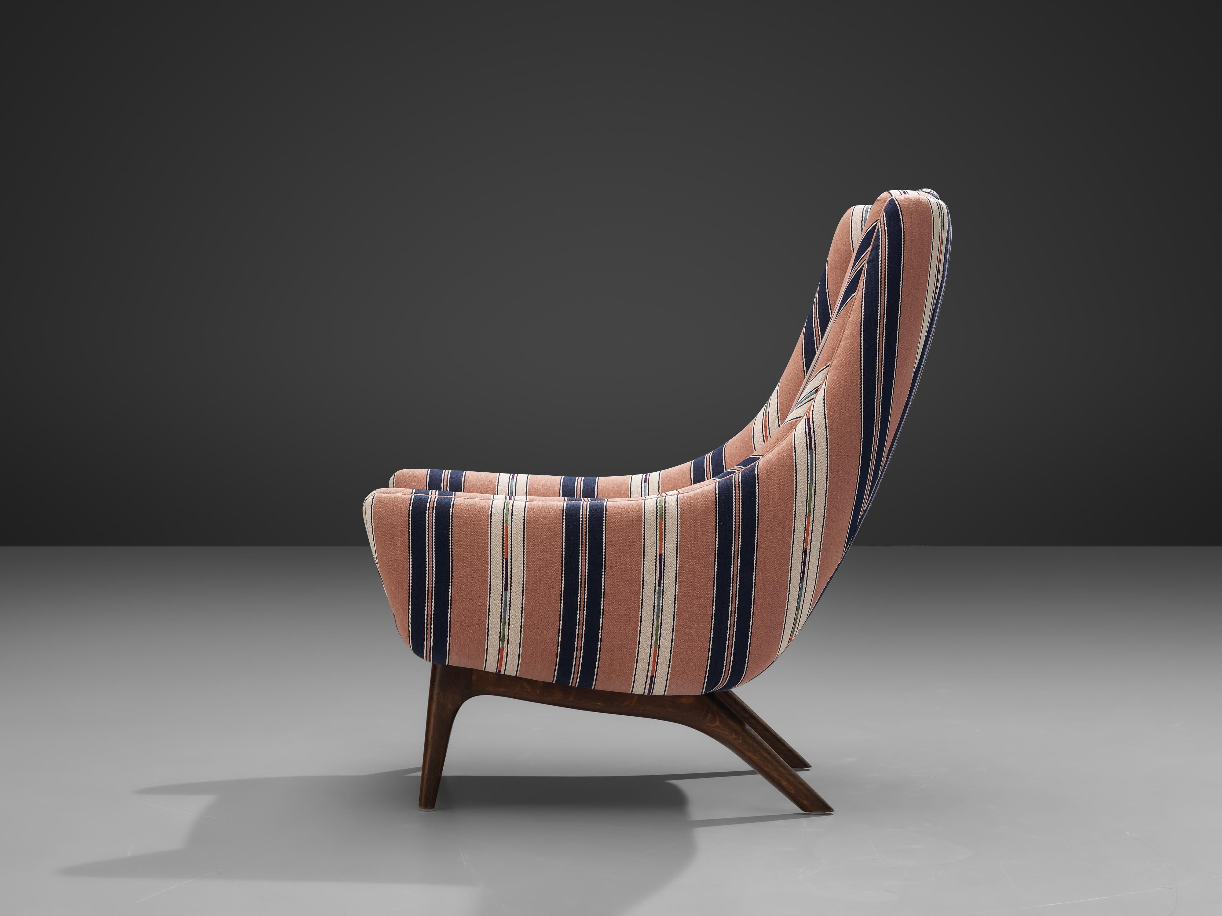 Danish Lounge Chair in Pink/White Striped Fabric  2