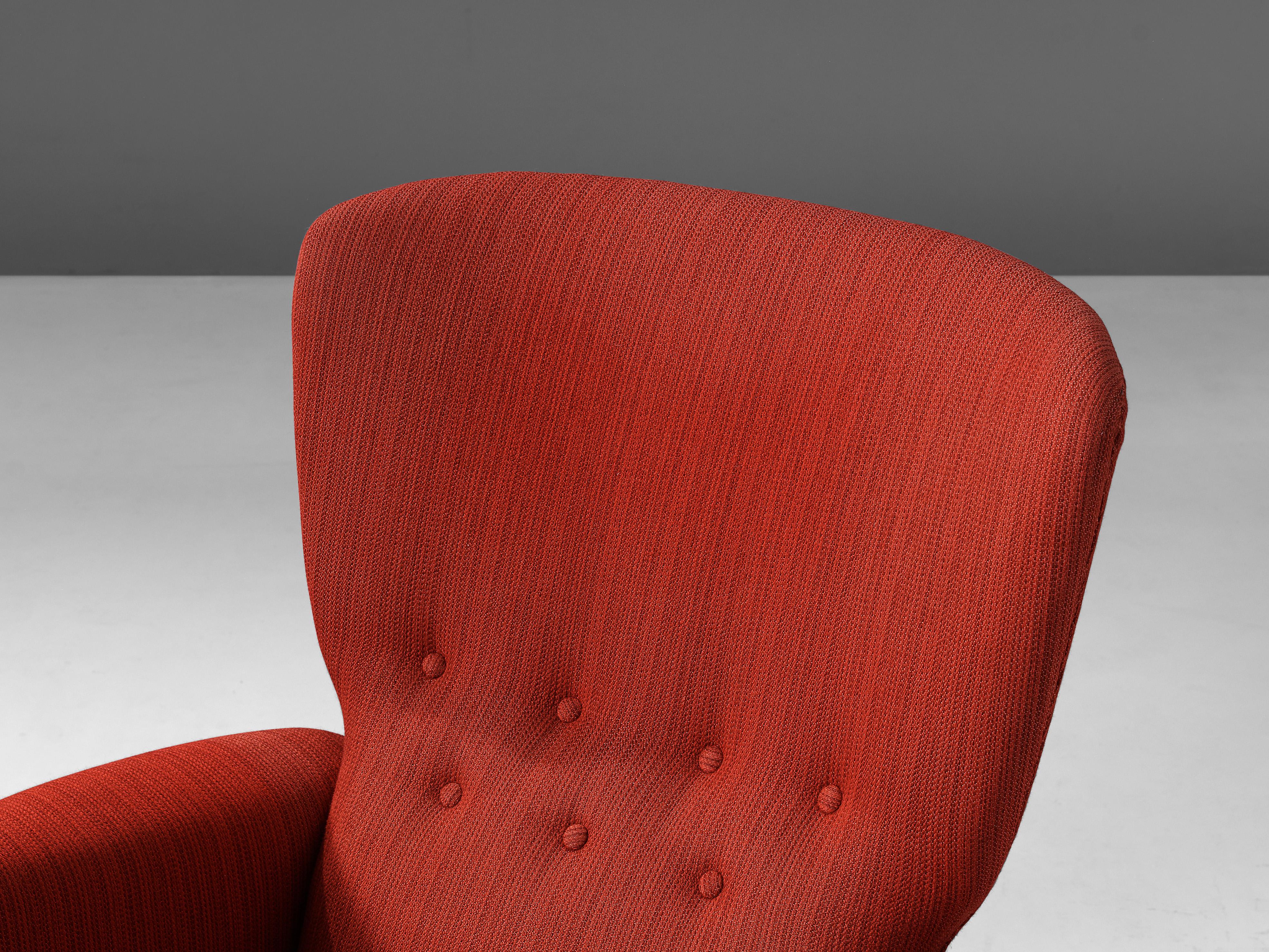 Fabric Danish Lounge Chair in Red Upholstery