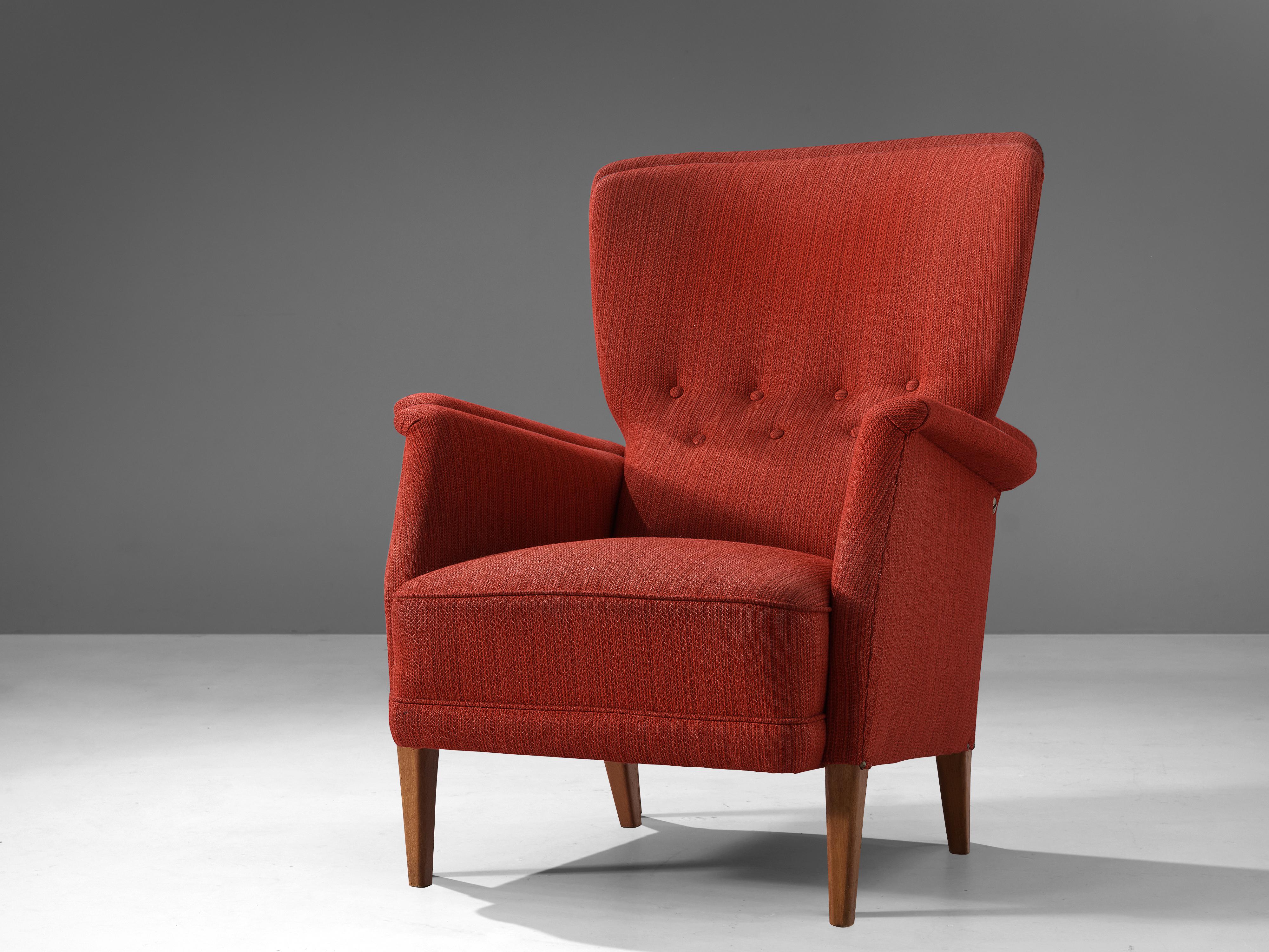 Danish Lounge Chair in Red Upholstery 1