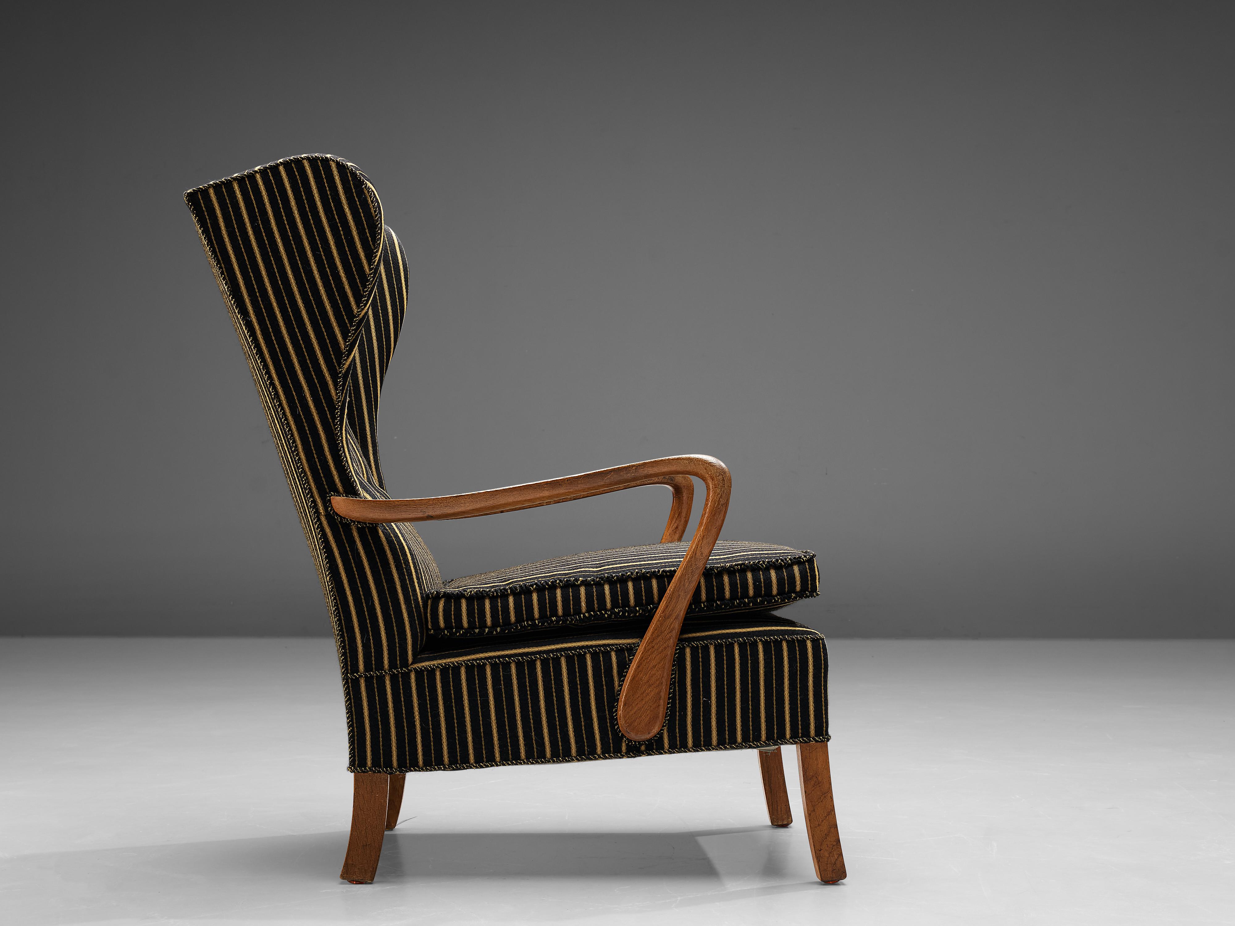 Fabric Danish Lounge Chair in Striped Upholstery