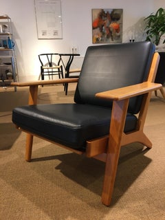 Danish Lounge Chair Solid Cherry Tree Ge290 by Hans J. Wegner with Black Leather