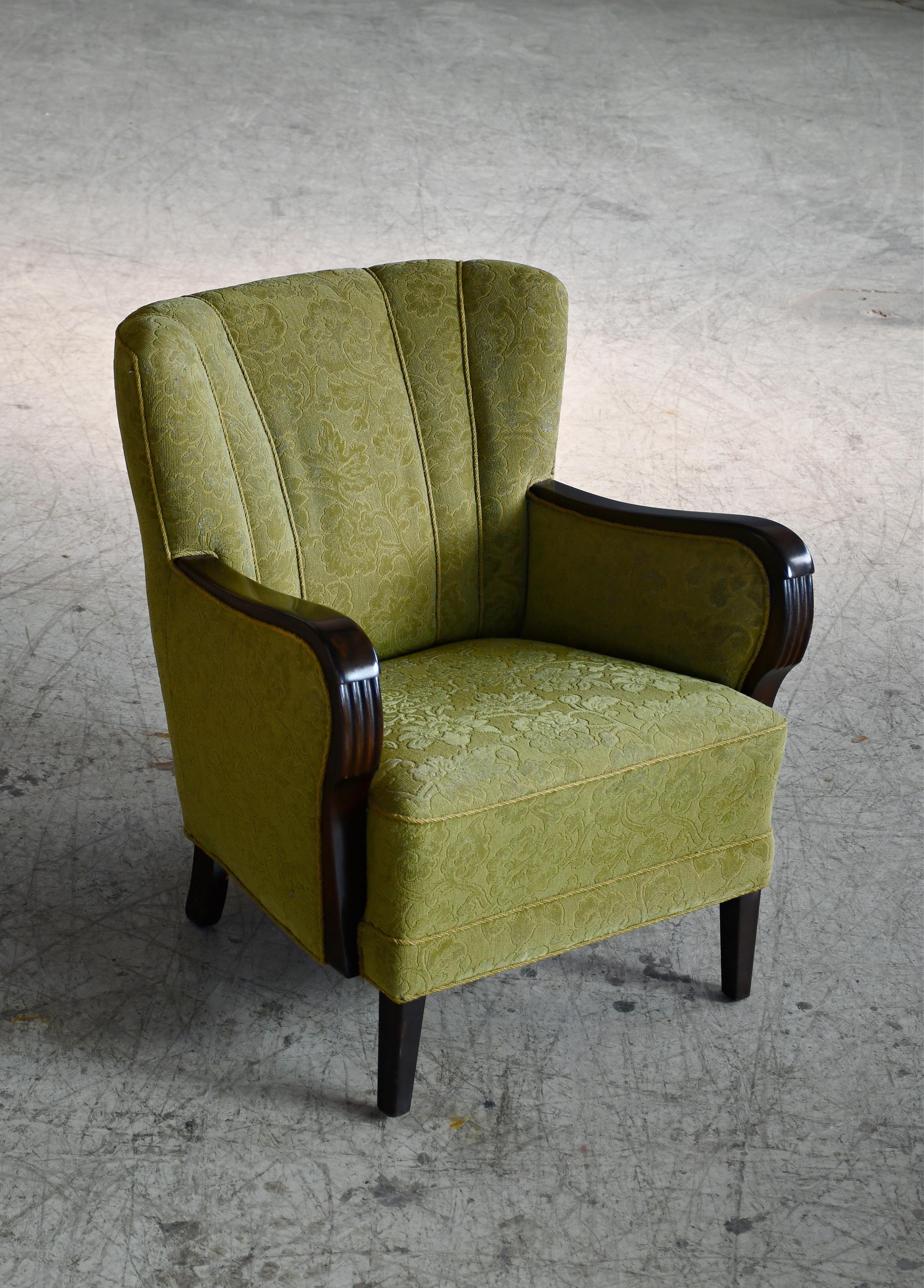 Art Deco Danish Lounge Chair with Mahogany Accents on Armrests, 1940-50s For Sale