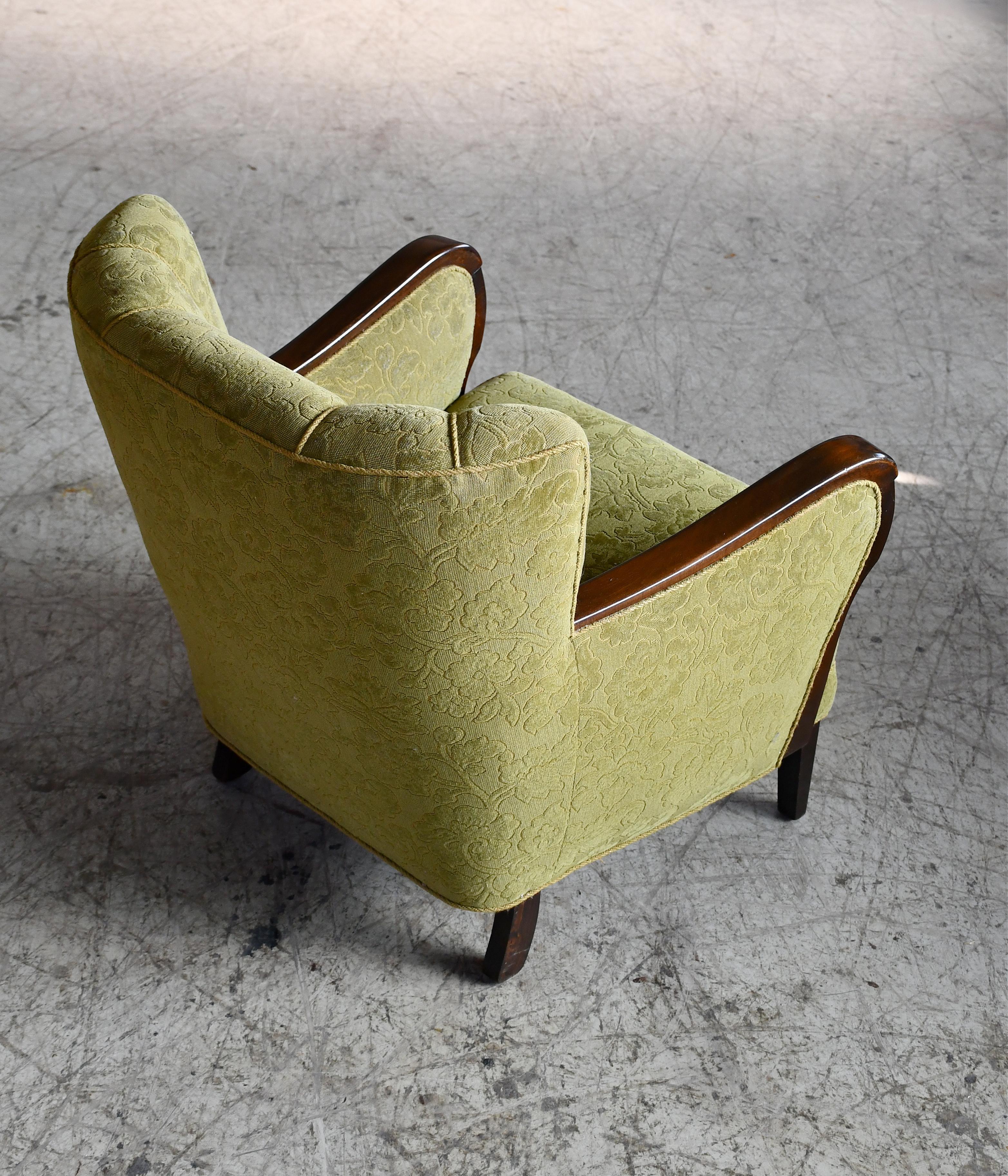 Cotton Danish Lounge Chair with Mahogany Accents on Armrests, 1940-50s For Sale