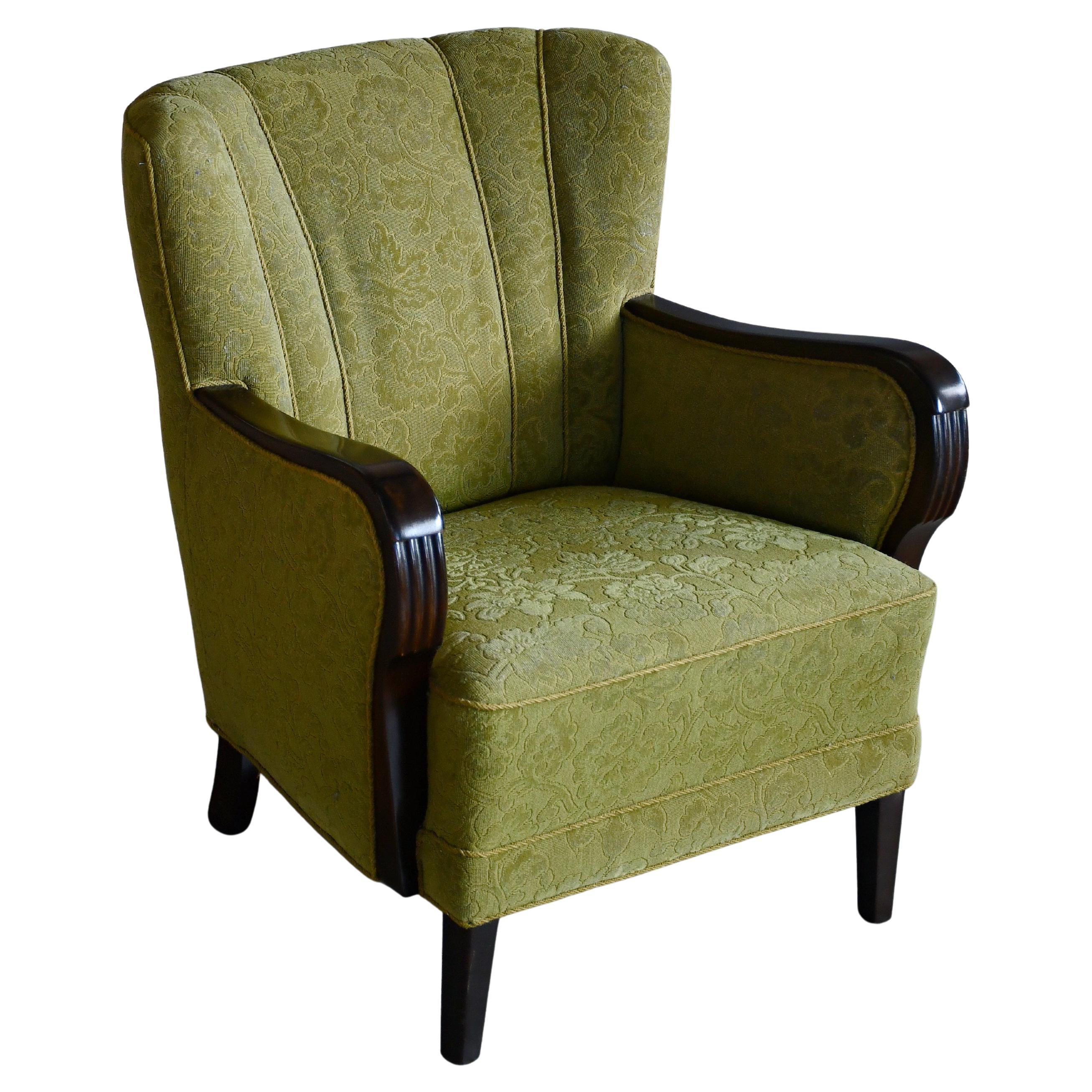 Danish Lounge Chair with Mahogany Accents on Armrests, 1940-50s
