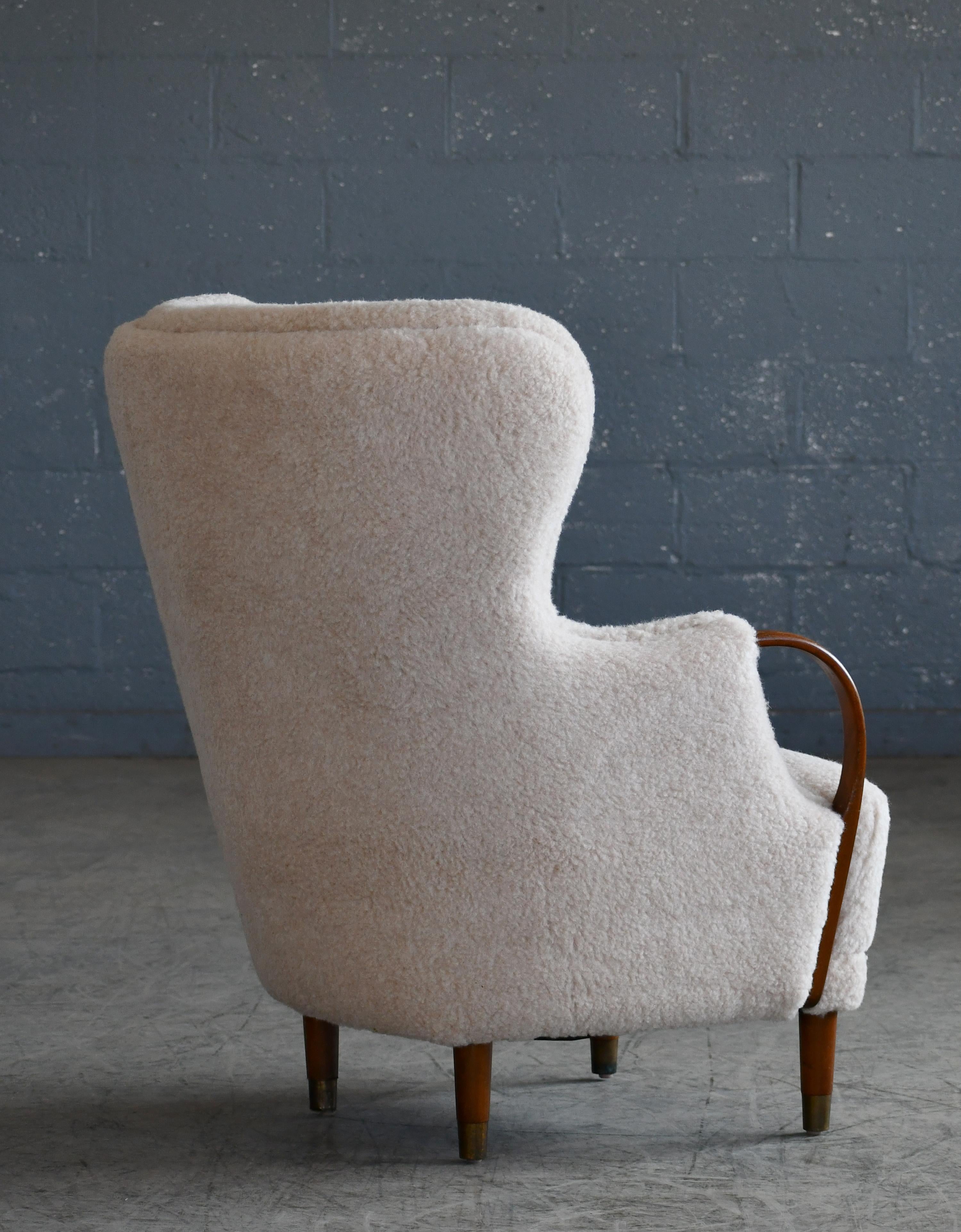 Wool Danish Lounge Chair with Open Armrests Upholstered in Beige lambswool by Bramin
