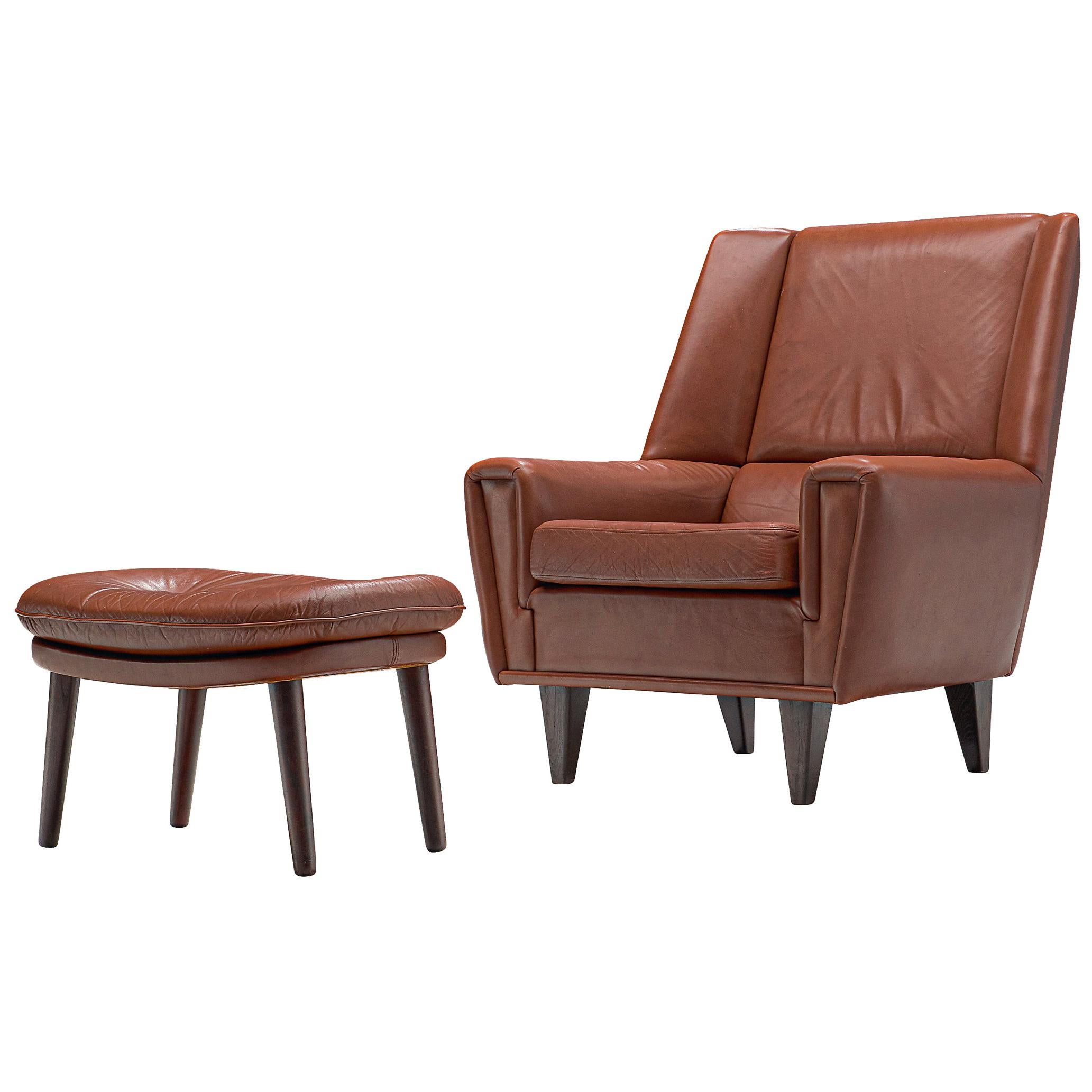 Danish Lounge Chair with Ottoman in Brown Cognac Leather, circa 1960