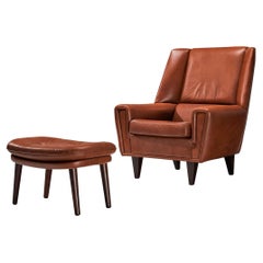 Danish Lounge Chair with Ottoman in Leather