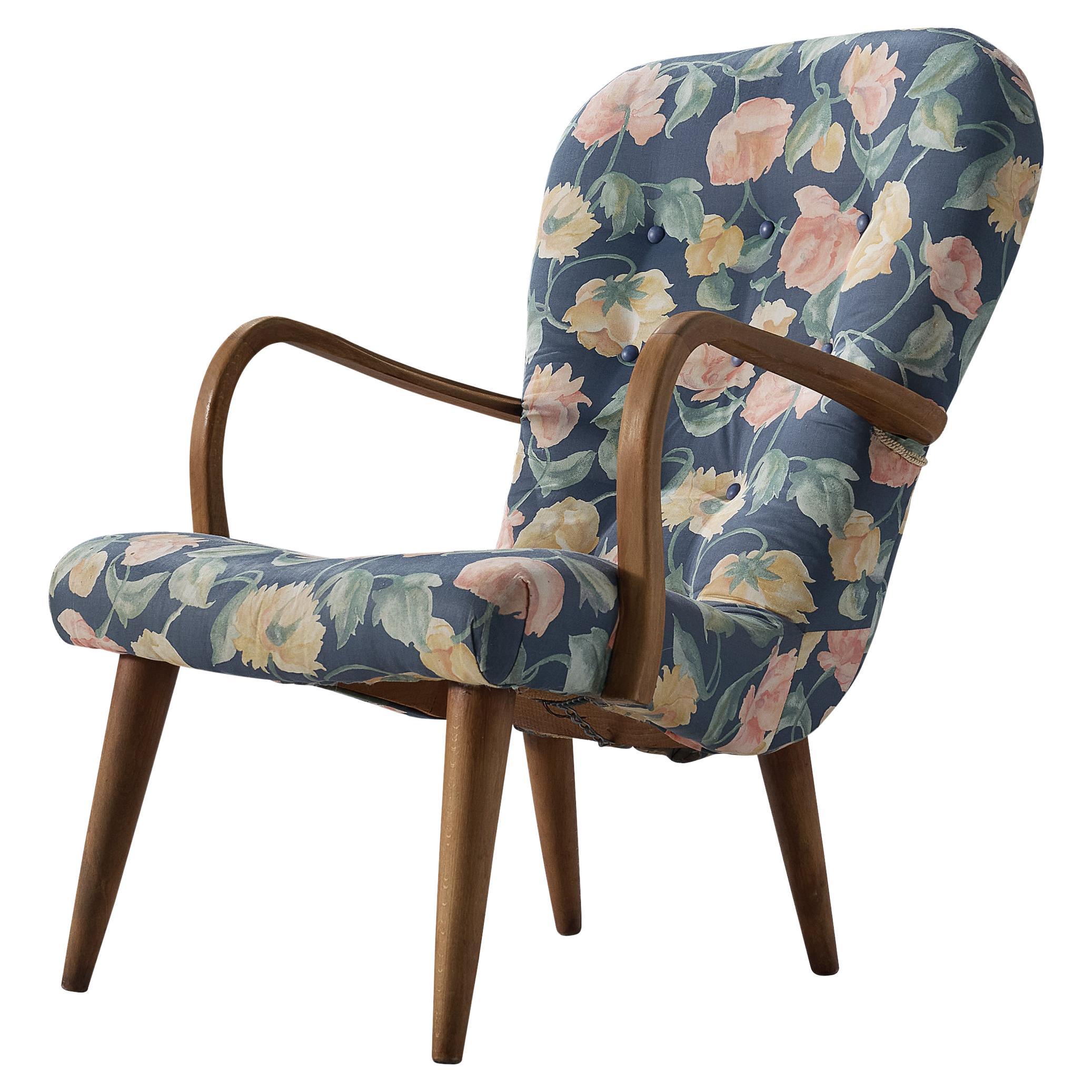 Danish Lounge Chair with Sculptural Armrests and Floral Upholstery For Sale