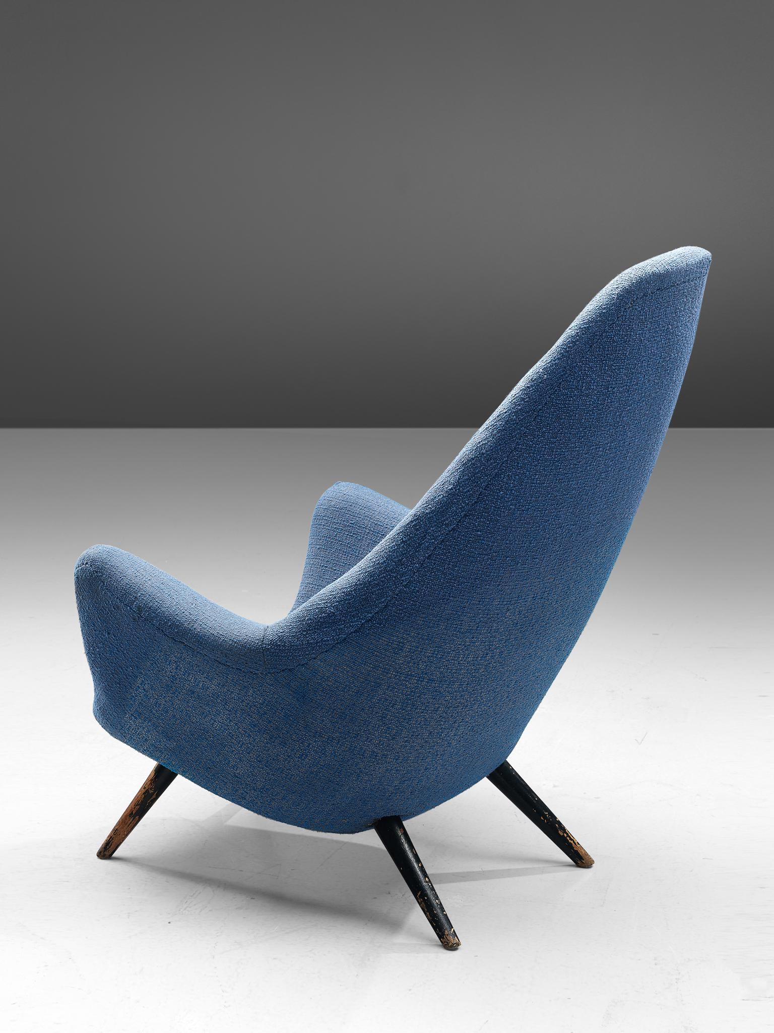 Fabric Danish Lounge Chair with Sculptural Back in Blue Upholstery