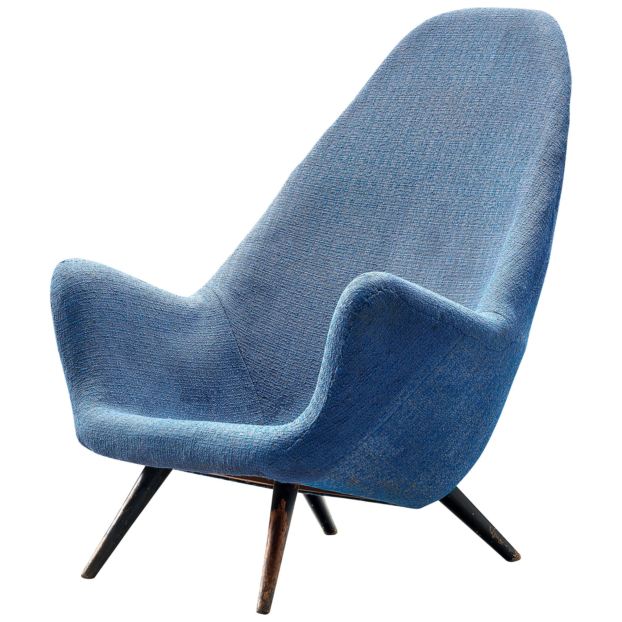 Danish Lounge Chair with Sculptural Back in Blue Upholstery