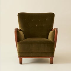 Danish Lounge Chair With Velvet and Wood Trimmed Armrest, 1940's