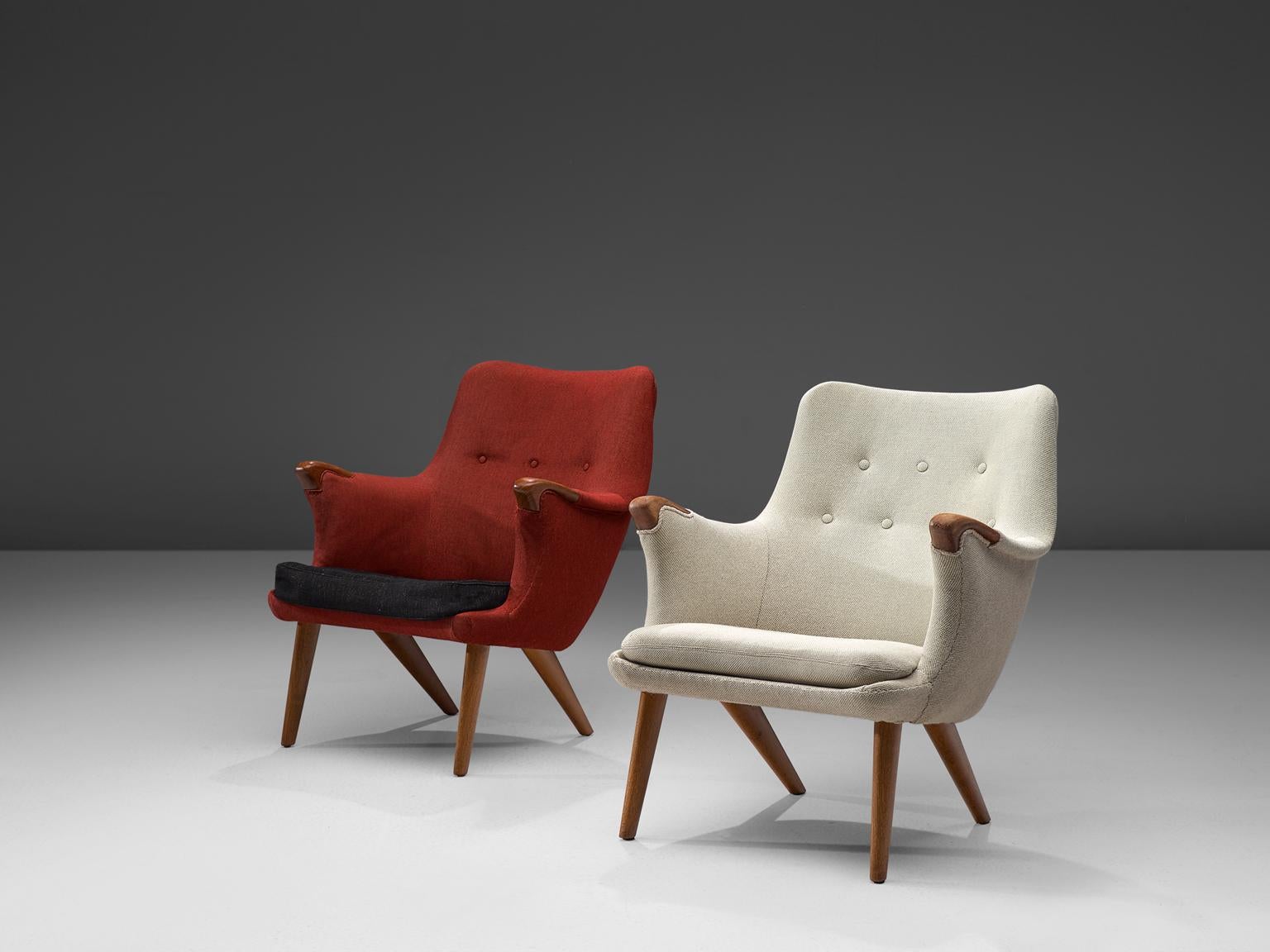 Scandinavian Modern Danish Lounge Chairs in Oak, Grey, and Red Fabric, 1960s