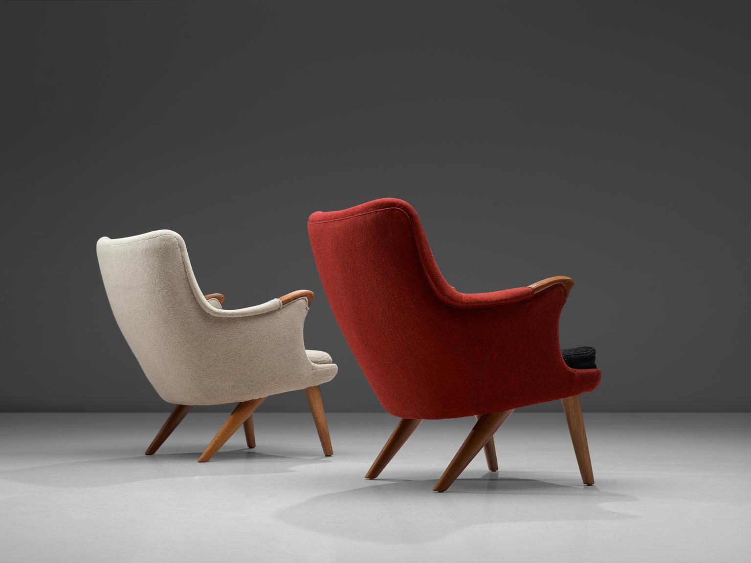 Danish Lounge Chairs in Oak, Grey, and Red Fabric, 1960s In Good Condition In Waalwijk, NL