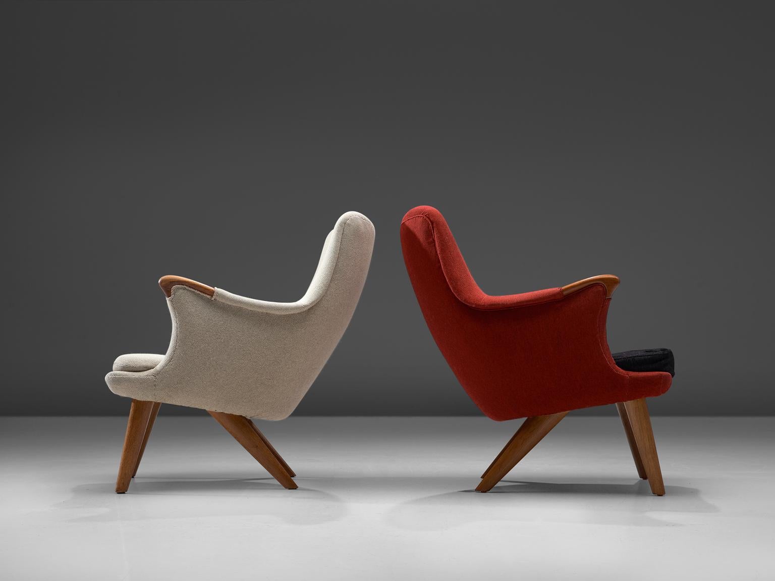 Mid-20th Century Danish Lounge Chairs in Oak, Grey, and Red Fabric, 1960s