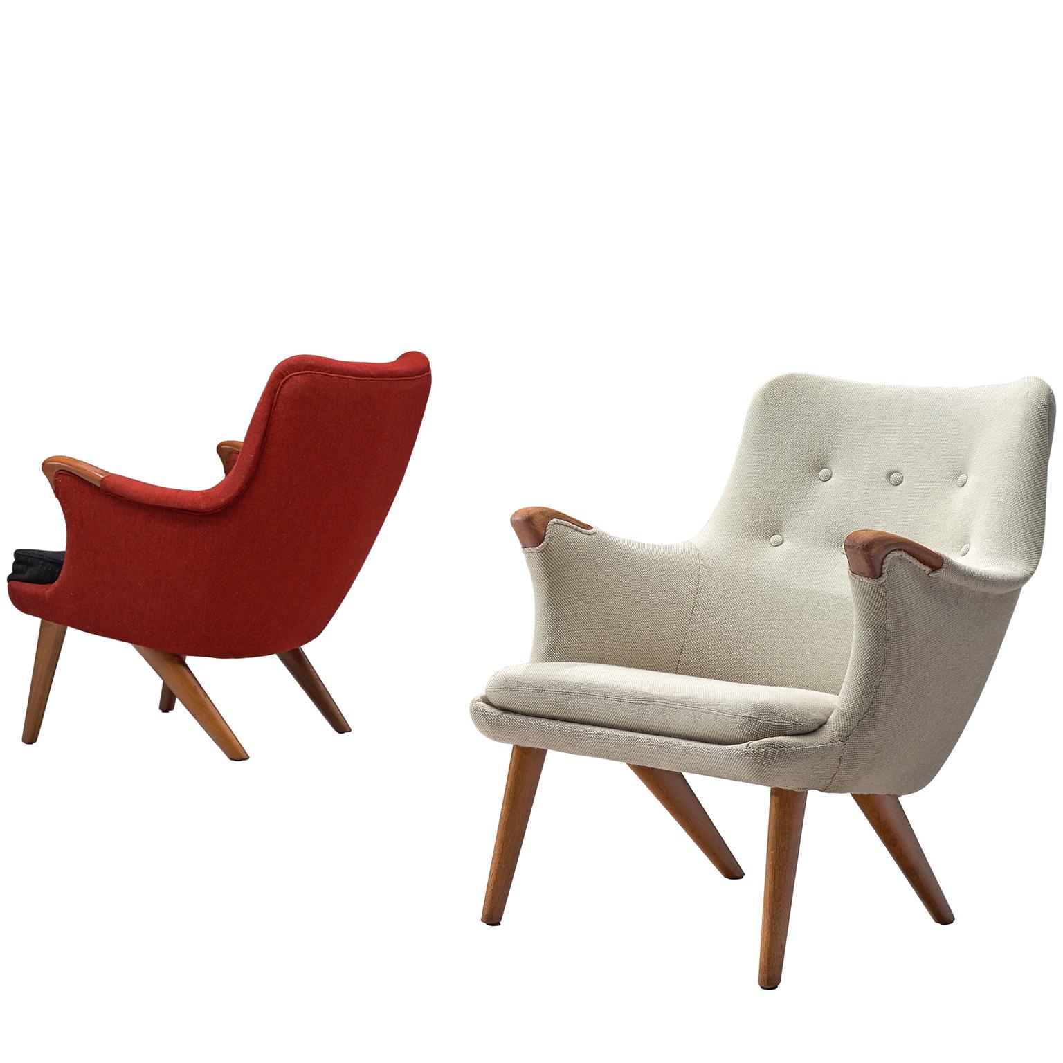 Danish Lounge Chairs in Oak, Grey, and Red Fabric, 1960s