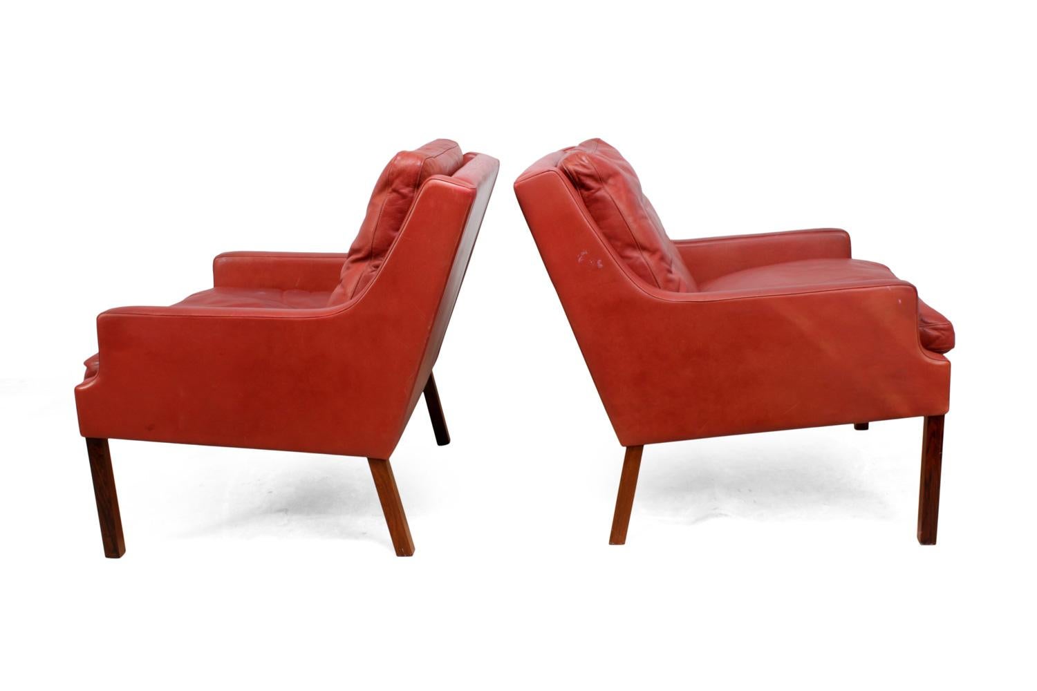 Danish Lounge Chairs in Red Leather with Stools For Sale 5