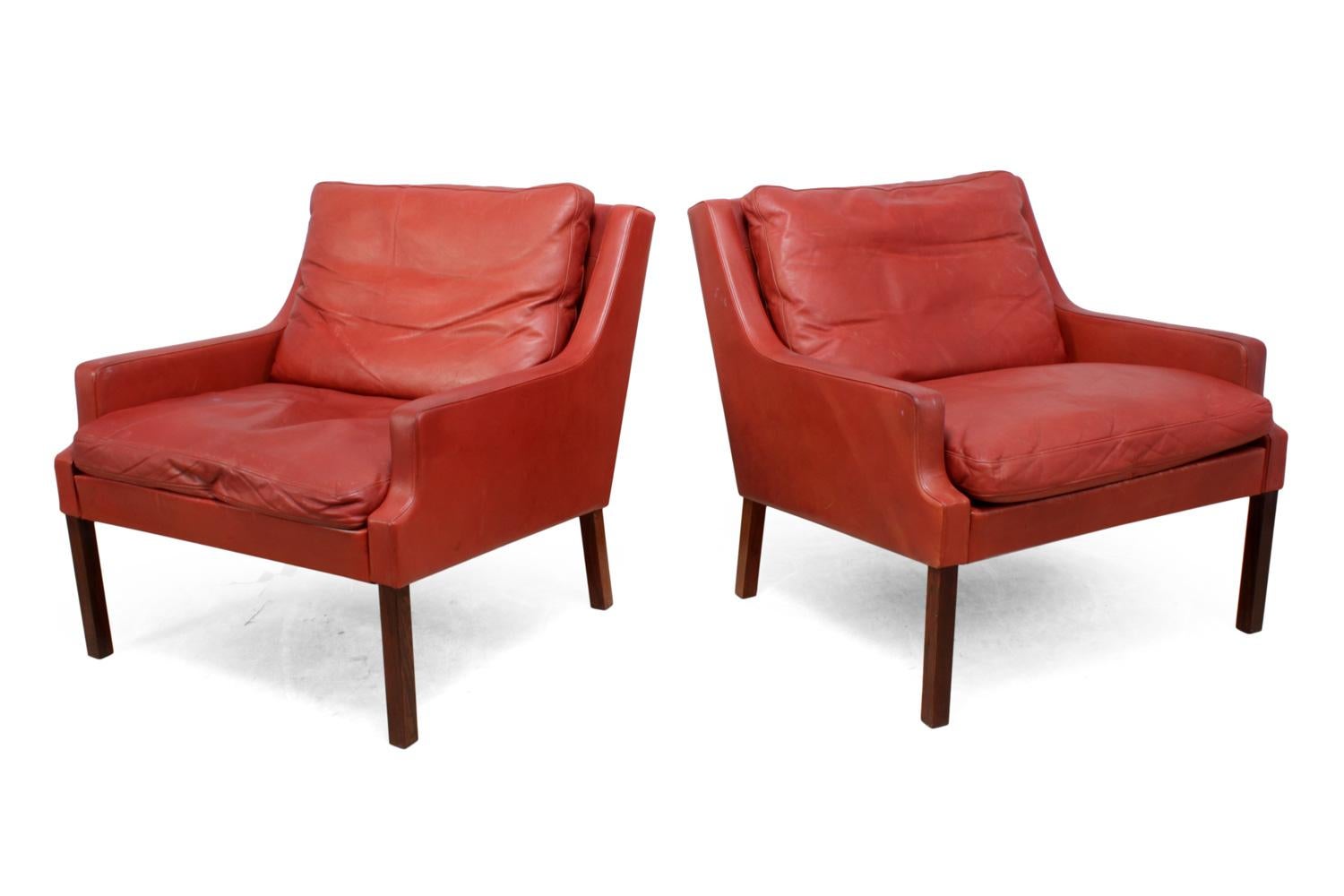 Danish Lounge Chairs in Red Leather with Stools For Sale 6