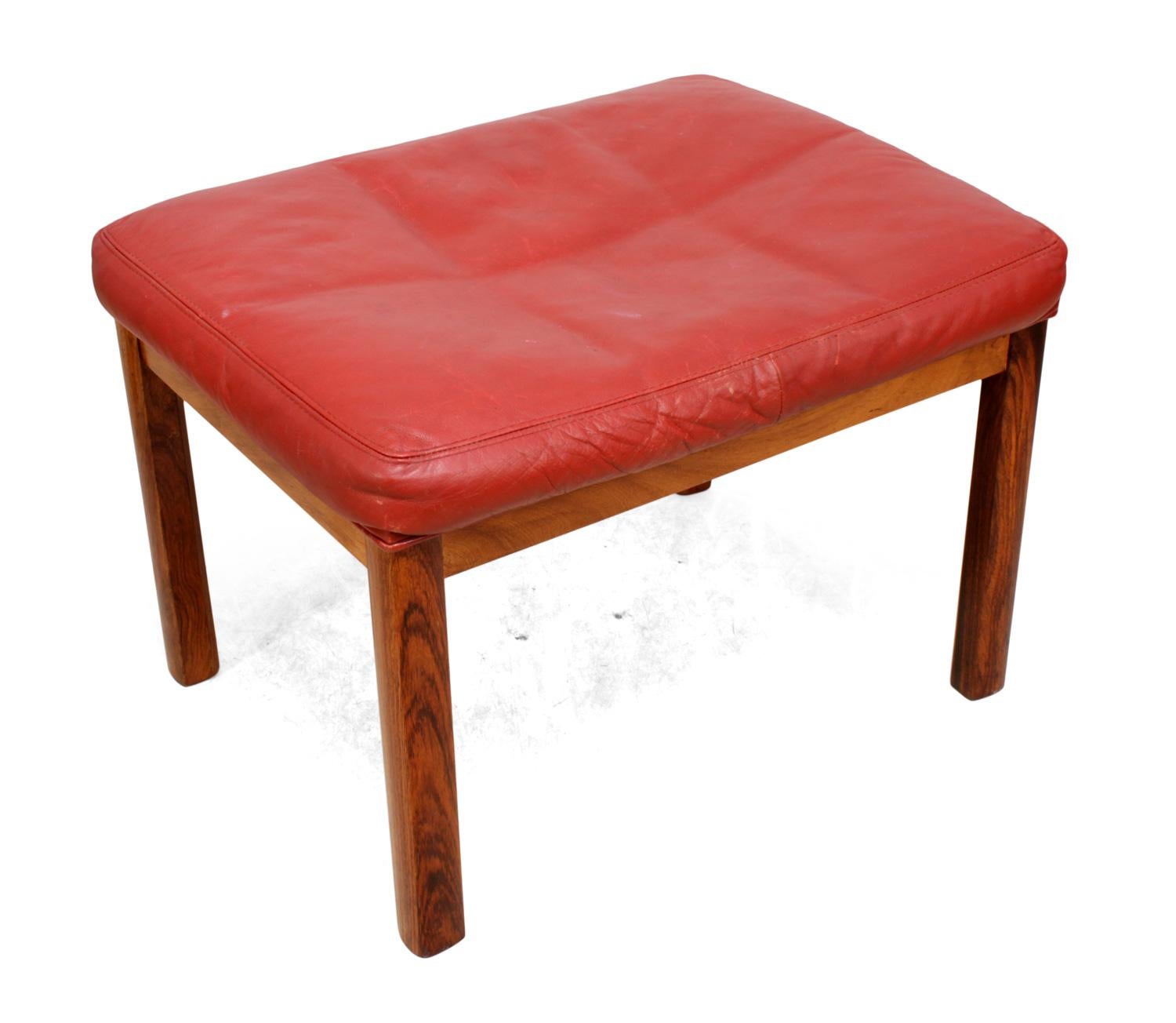 Danish Lounge Chairs in Red Leather with Stools For Sale 9