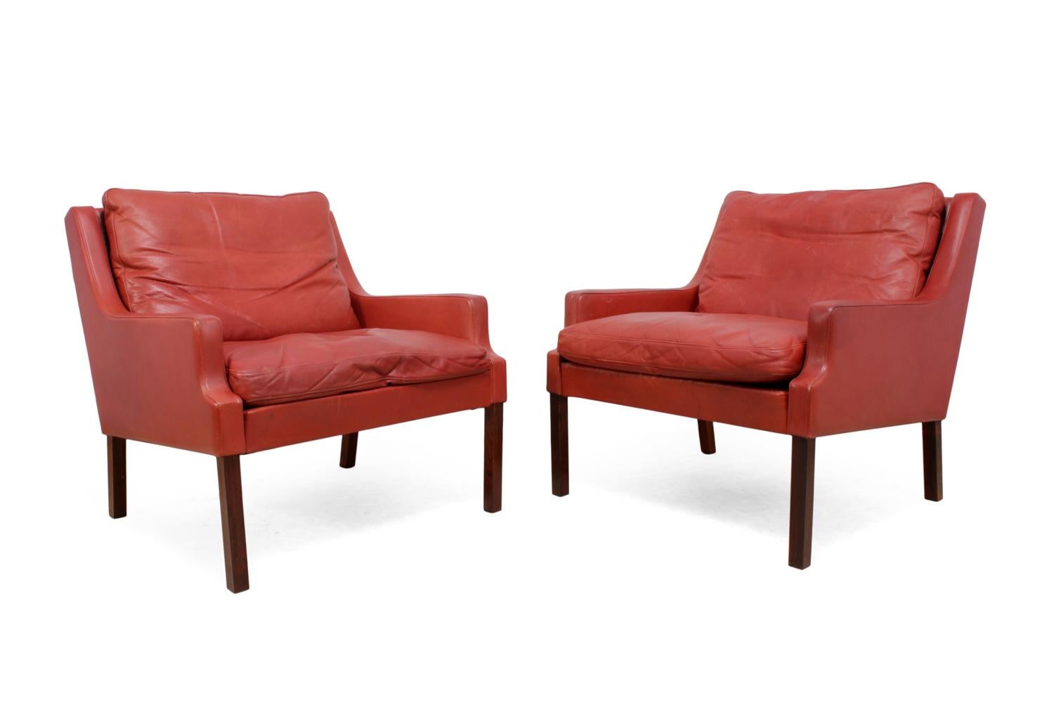 Danish Lounge Chairs in Red Leather with Stools For Sale 1