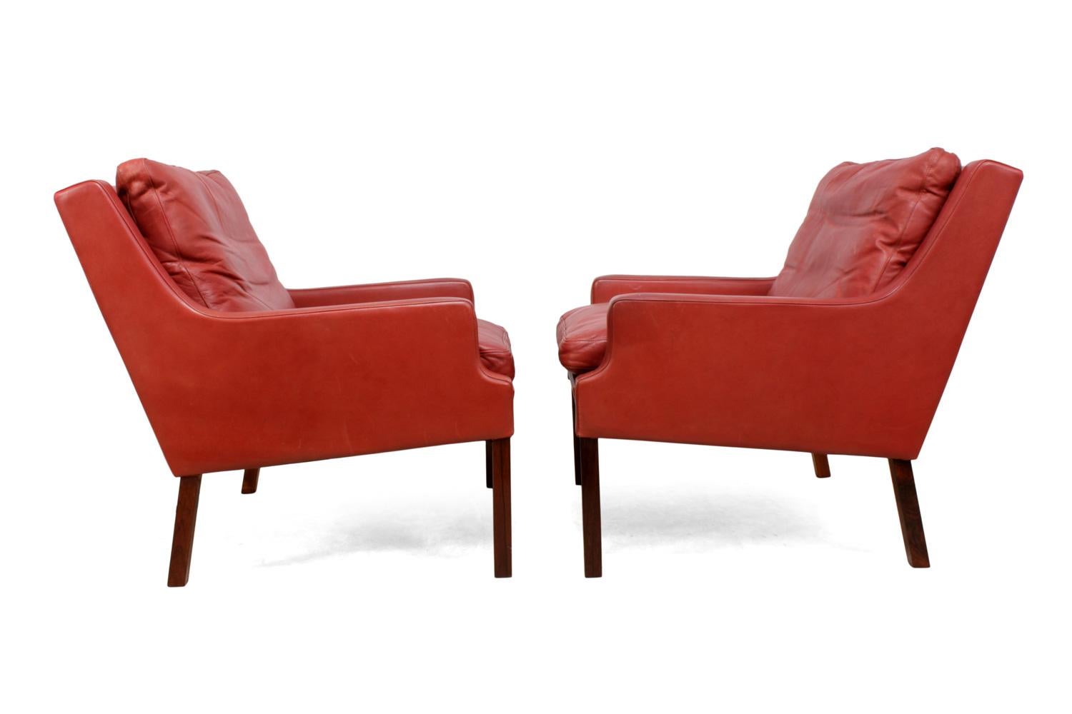Danish Lounge Chairs in Red Leather with Stools For Sale 2
