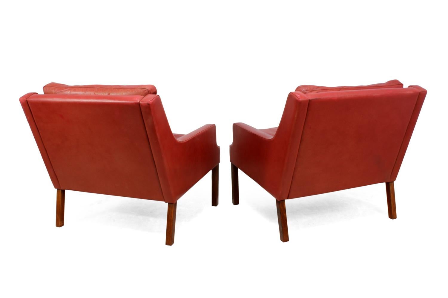 Danish Lounge Chairs in Red Leather with Stools For Sale 3