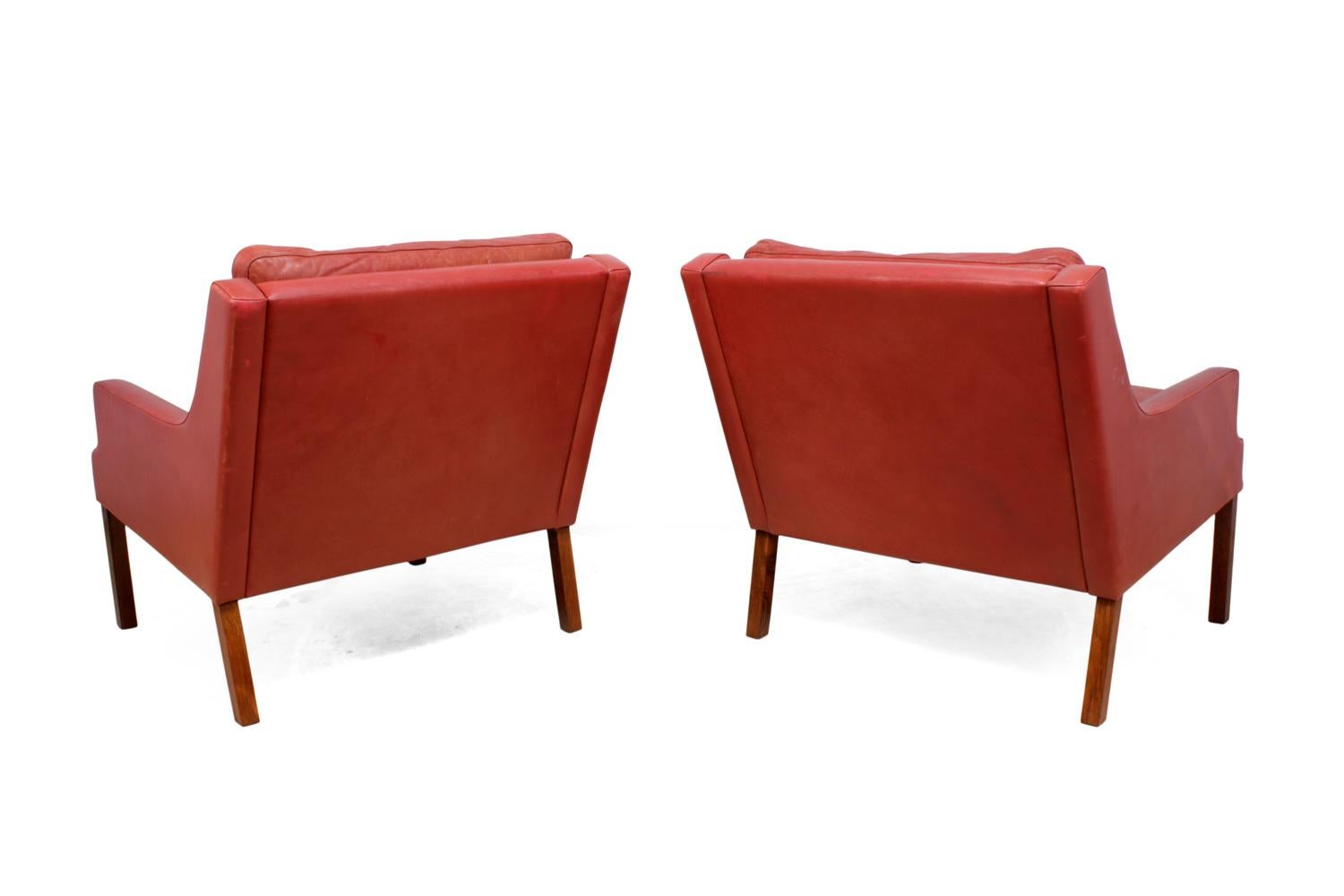 Danish Lounge Chairs in Red Leather with Stools For Sale 4