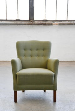 Danish Lounge Chairs in style of Frits Henningsen, ca, 1950 in Teal Colored Wool