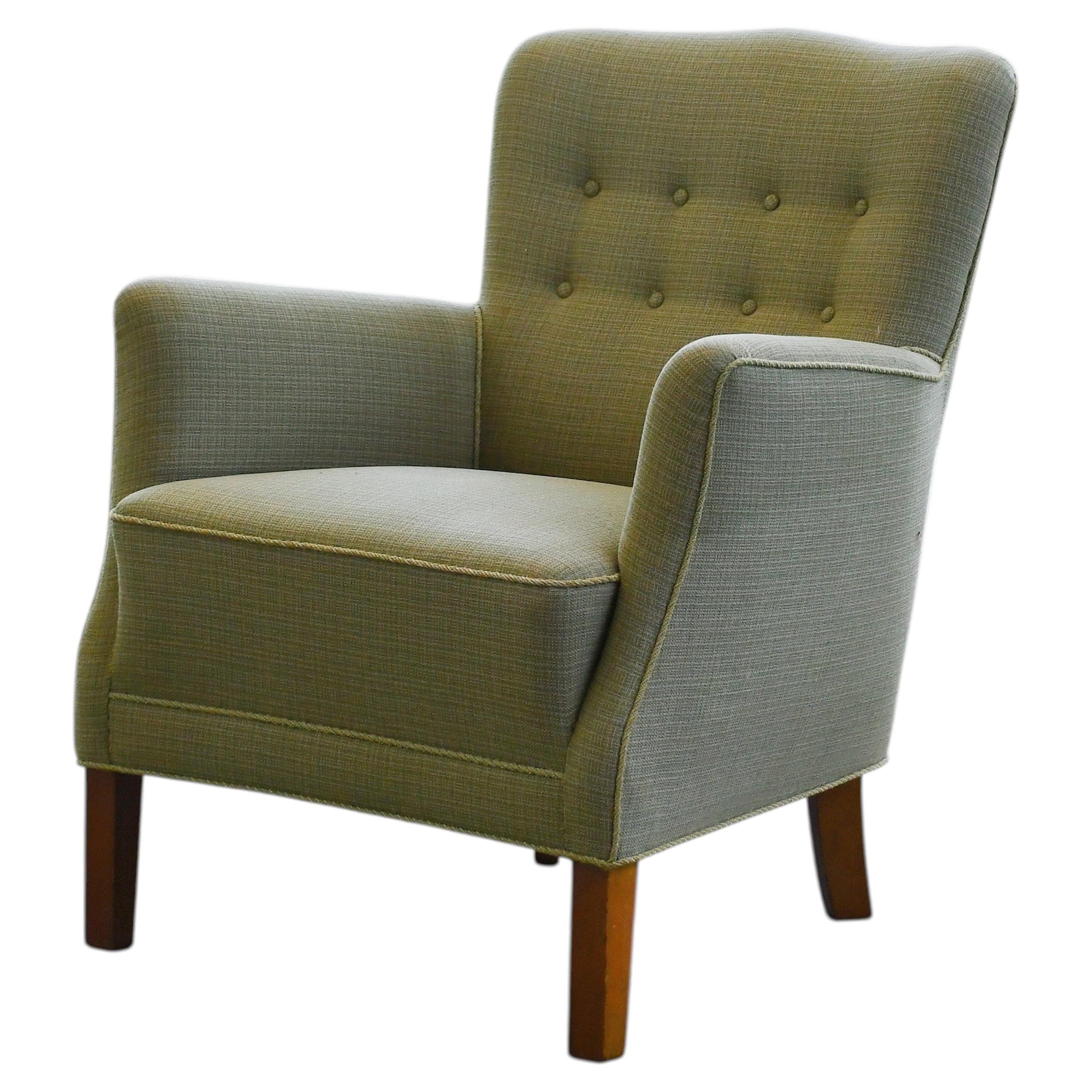 Danish Lounge Chairs in style of Frits Henningsen, ca, 1950 in Teal Colored Wool