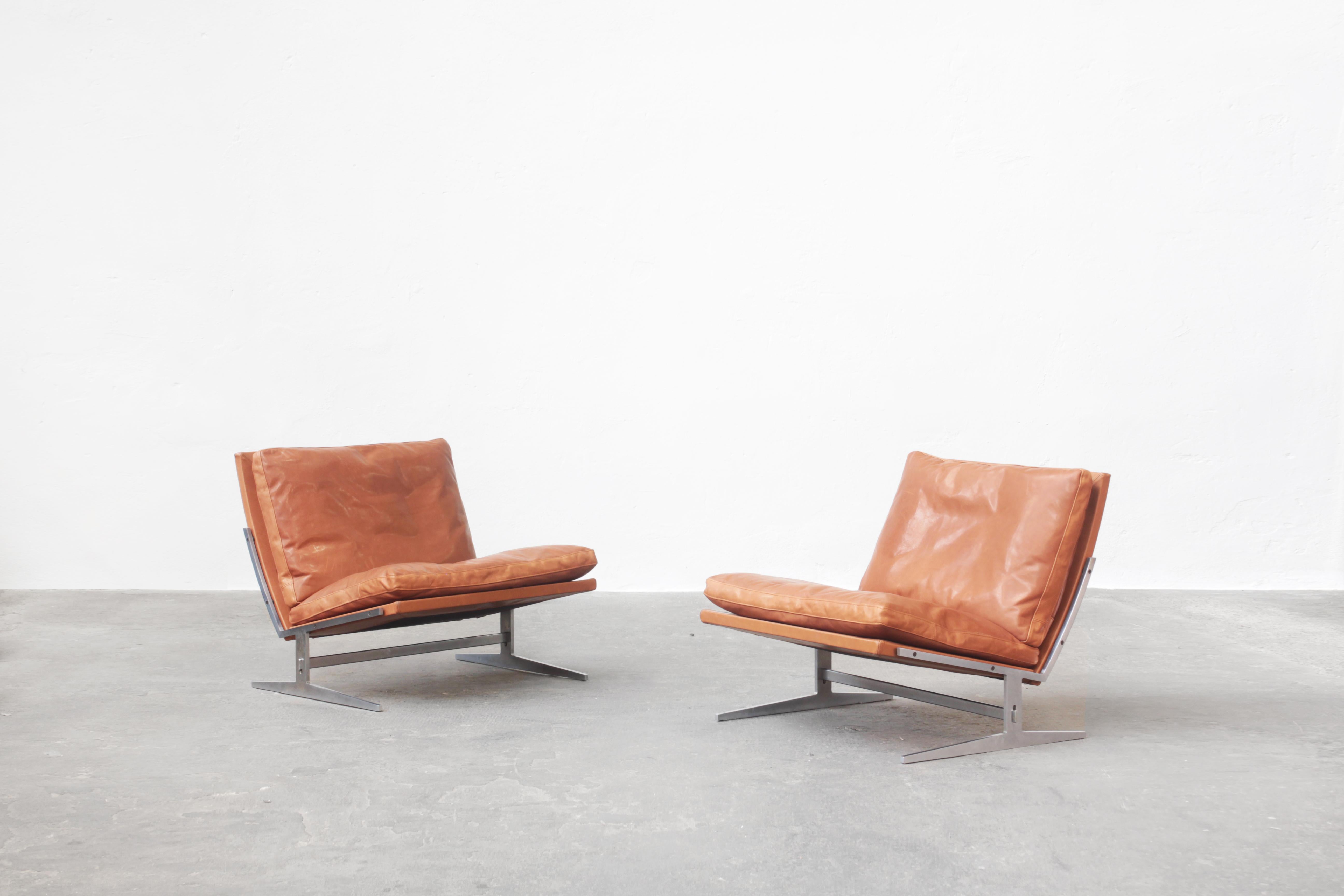 Beautiful Danish BO-561 lounge chairs in steel and leather designed by Preben Fabricius & Jorgen Kastholm for BO-EX.

Both chairs are in excellent condition and both were recently reupholstered and covered with a wonderful high-end leather in