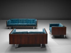 Ensemble de salon danois en bois de rose et tapisserie bleue