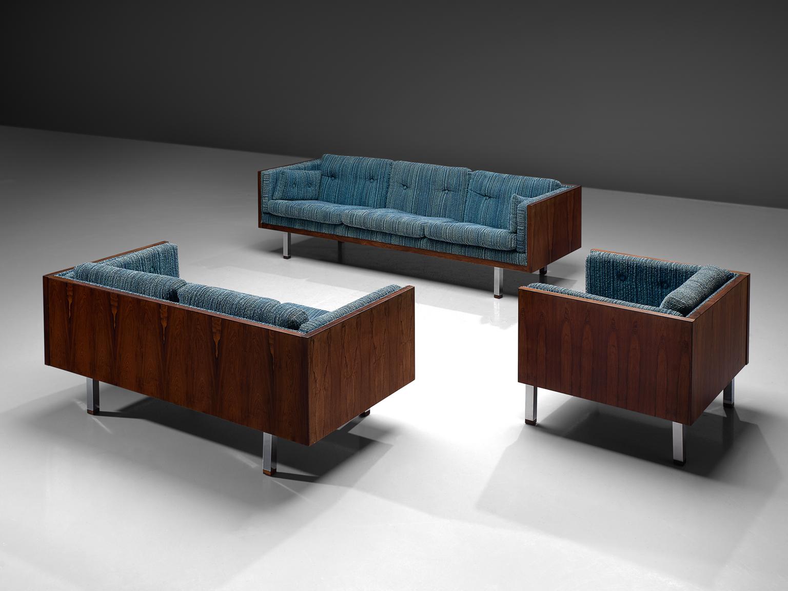 Danish Lounge Set with Rosewood and Blue Upholstery 2