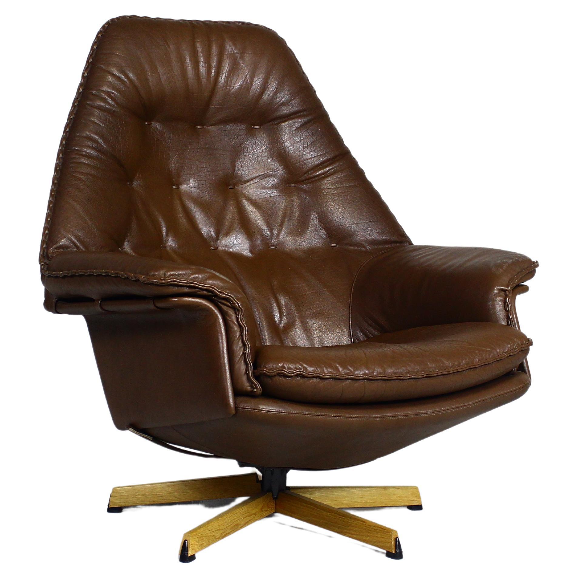 Danish Lounge Swivel Chair in Brown Leather by Madsen & Schubell For Sale