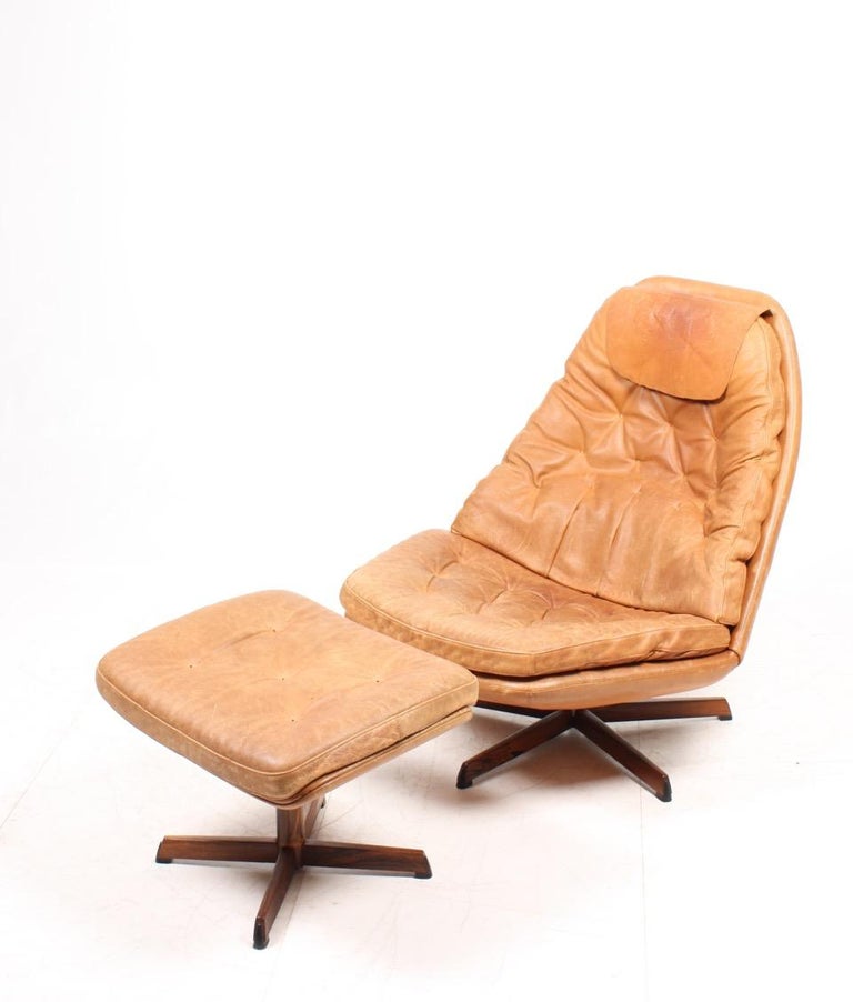 Danish Lounge Swivel Chair in Patinated Leather by Madsen and Schubell