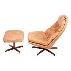 Danish Lounge Swivel Chair in Patinated Leather by Madsen & Schubell