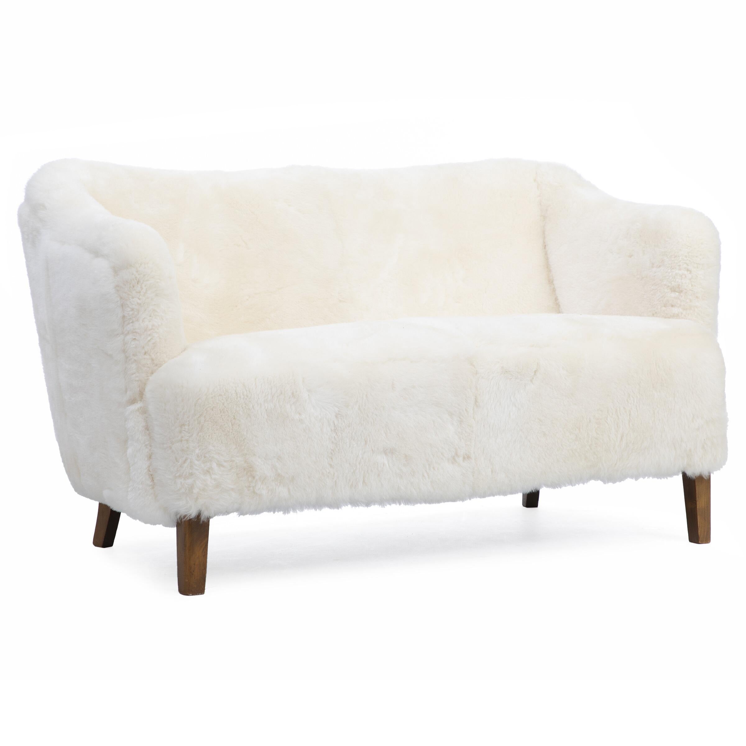 Scandinavian Modern Danish Love Seat, Soft Lambswool, 1940s For Sale