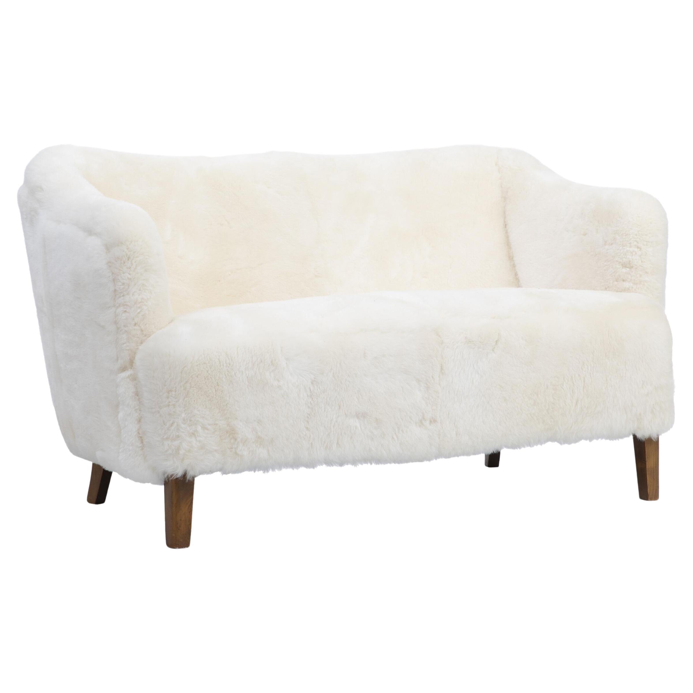 Danish Love Seat, Soft Lambswool, 1940s For Sale