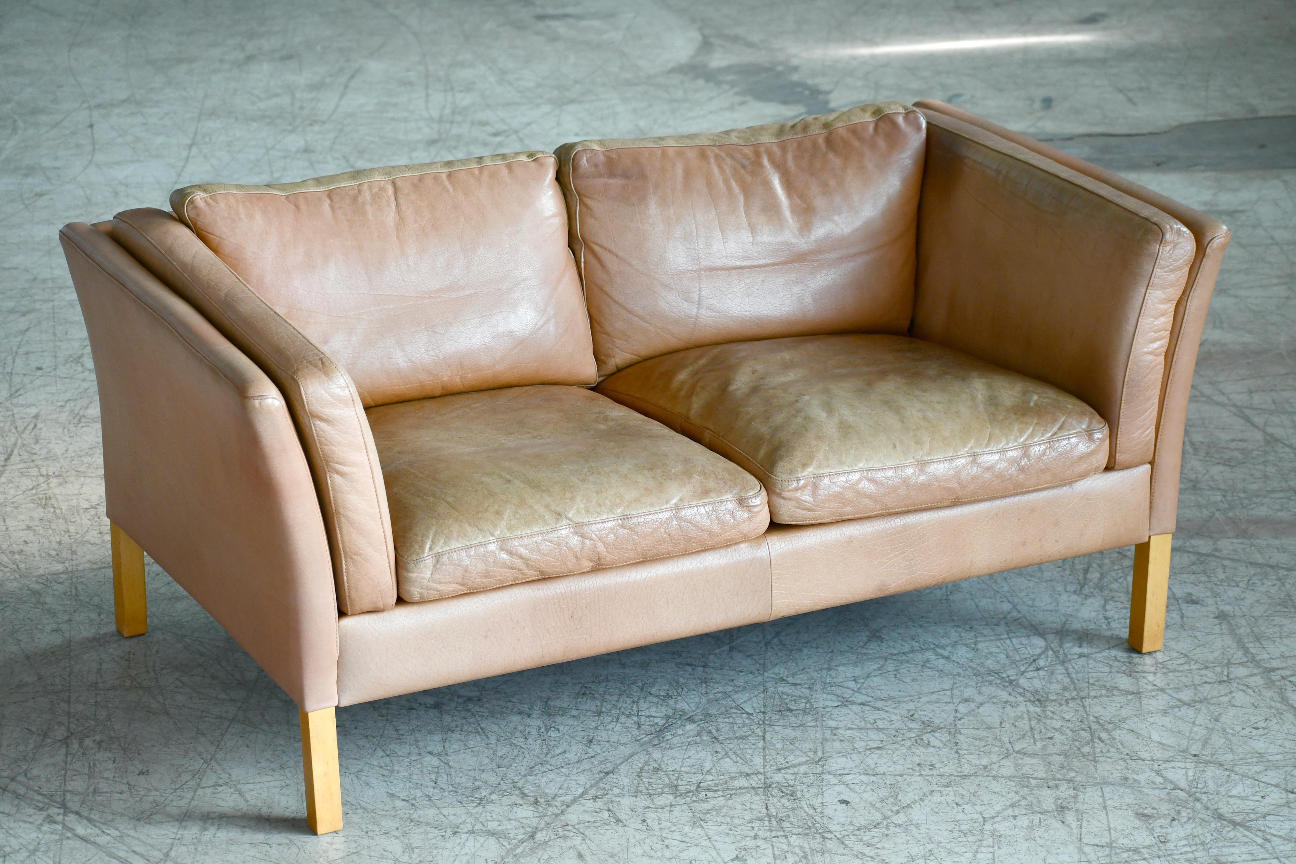 Mid-Century Modern Danish Loveseat in Butterscotch Worn Leather by Stouby Mobler