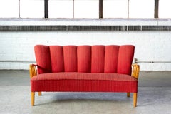 Danish Loveseat or Small Sofa with Open Elmwood Armrests, 1940's