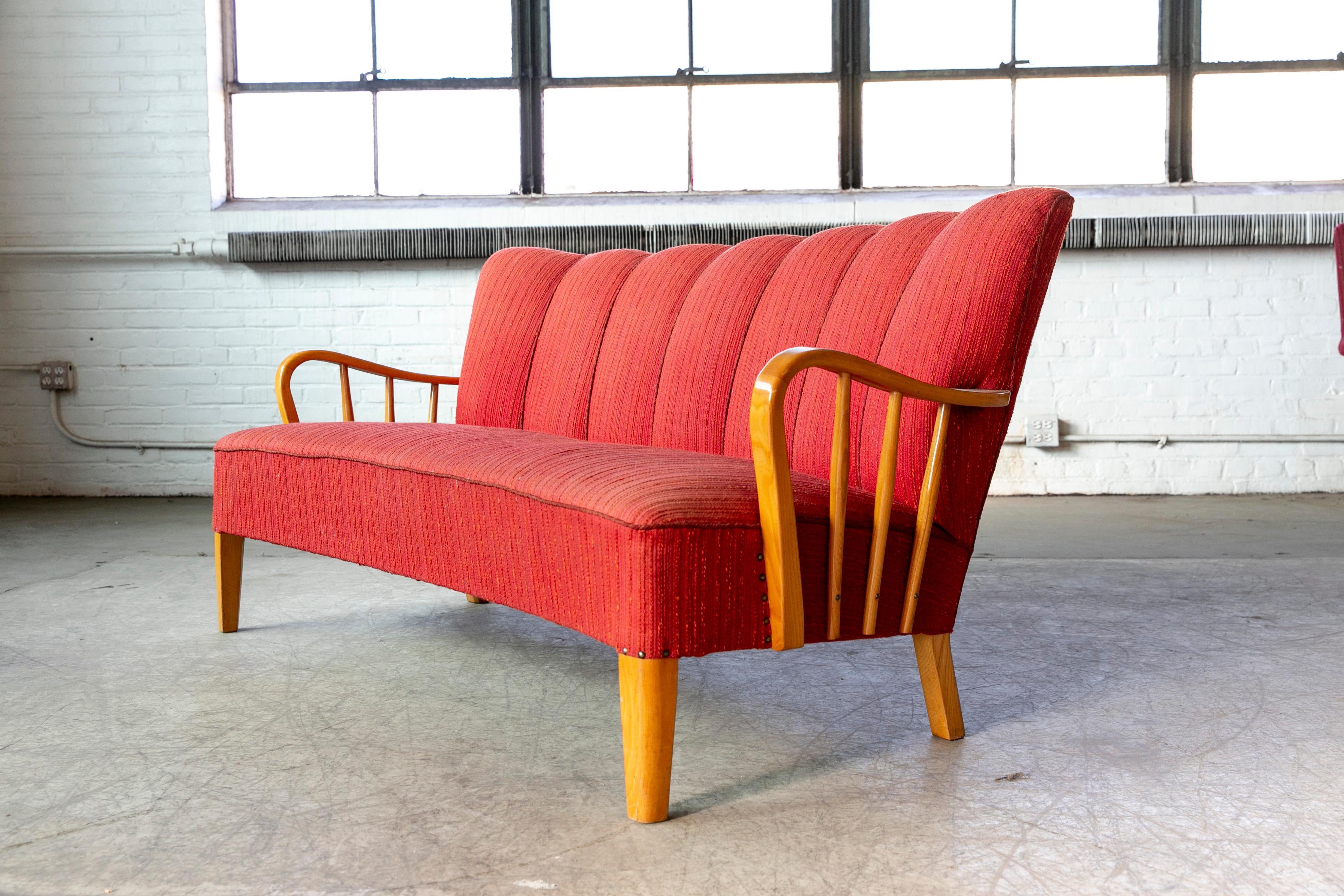 Mid-Century Modern Danish Loveseat or Small Sofa with Open Elmwood Armrests, 1940's For Sale