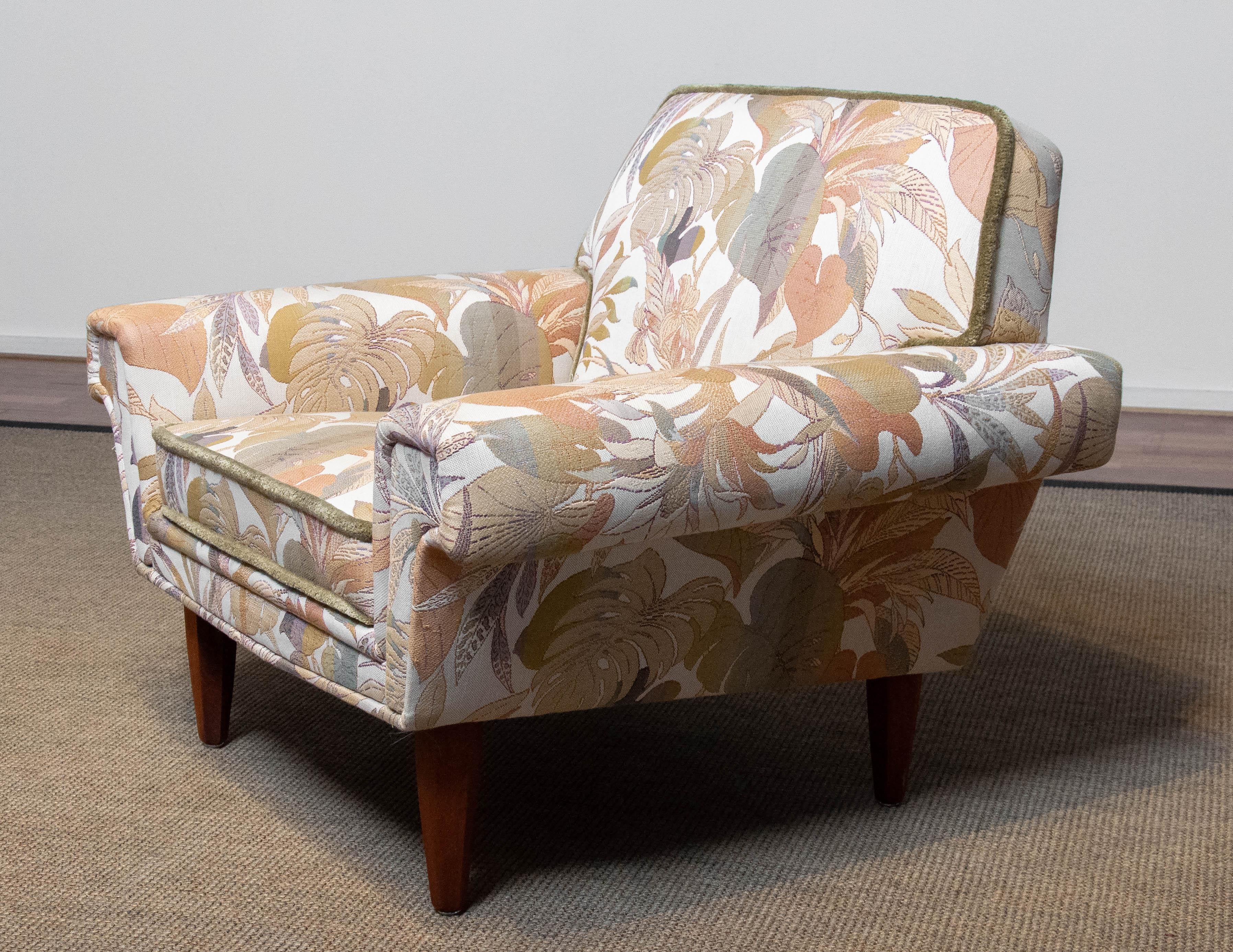 Hollywood Regency Danish Low Back Lounge Chair Upholstered Floral Jacquard Fabric from the 1970's For Sale