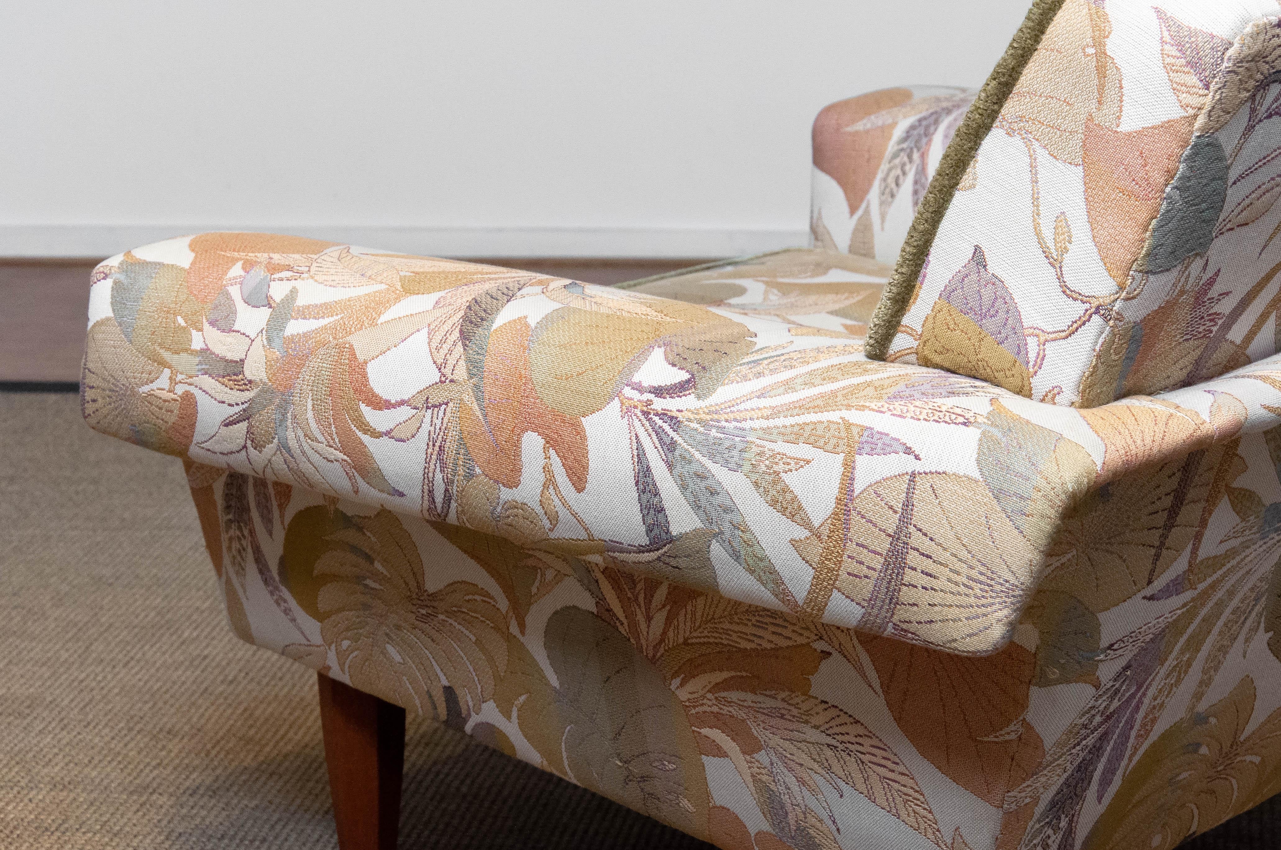 Mid-20th Century Danish Low Back Lounge Chair Upholstered Floral Jacquard Fabric from the 1970's For Sale