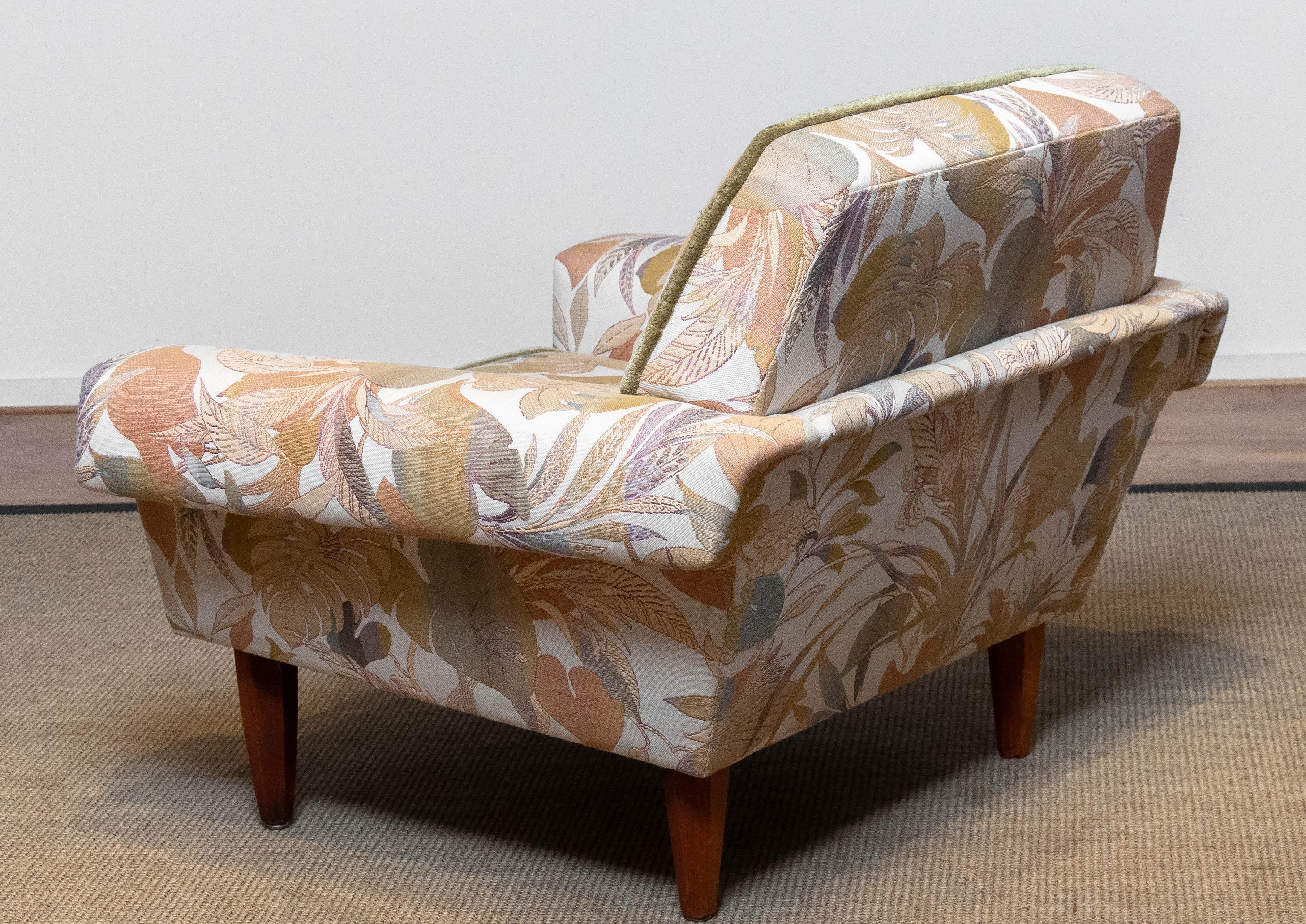 Mid-20th Century Danish Low Back Lounge Chair Upholstered Floral Jacquard Fabric from the 1970's For Sale