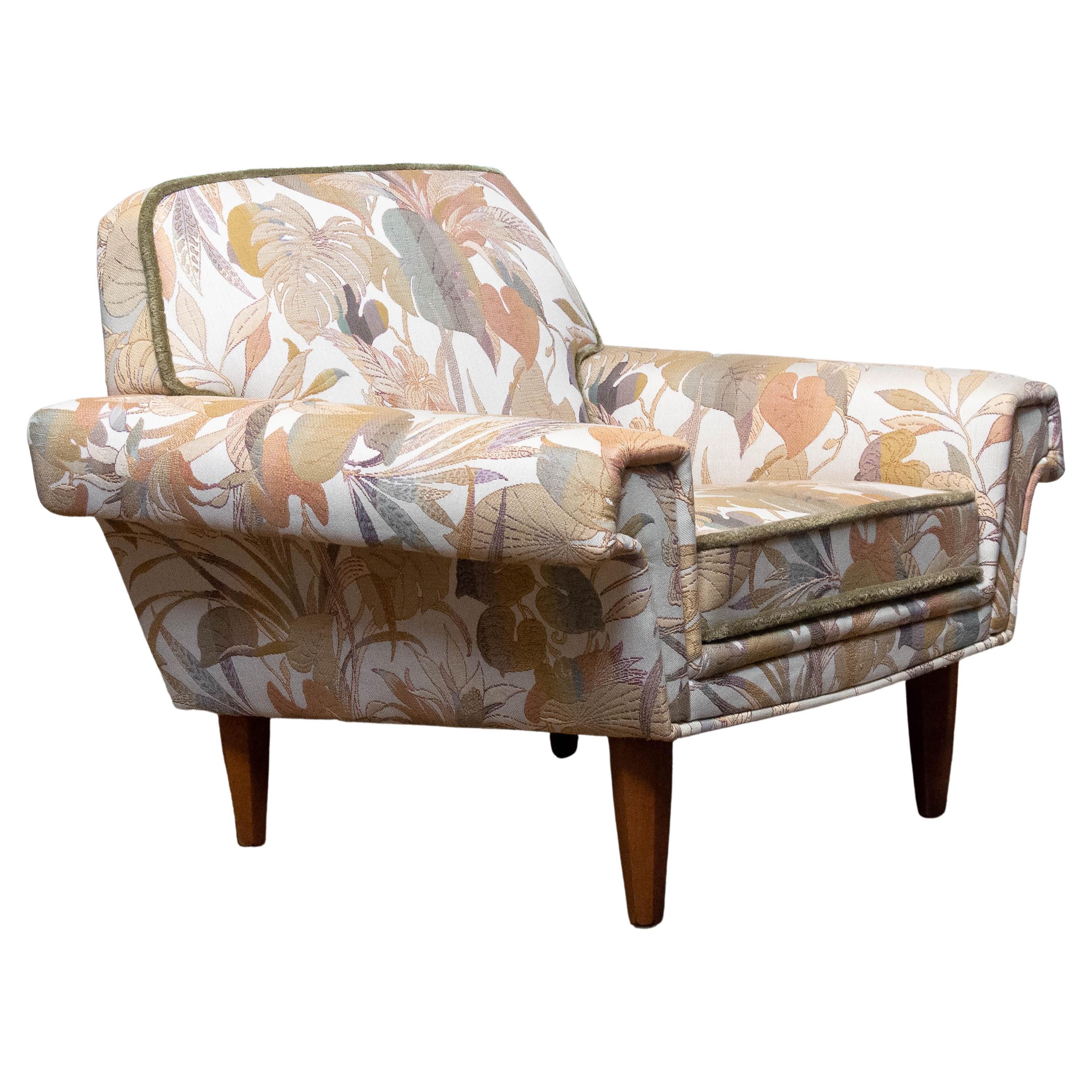 Danish Low Back Lounge Chair Upholstered Floral Jacquard Fabric from the 1970's For Sale