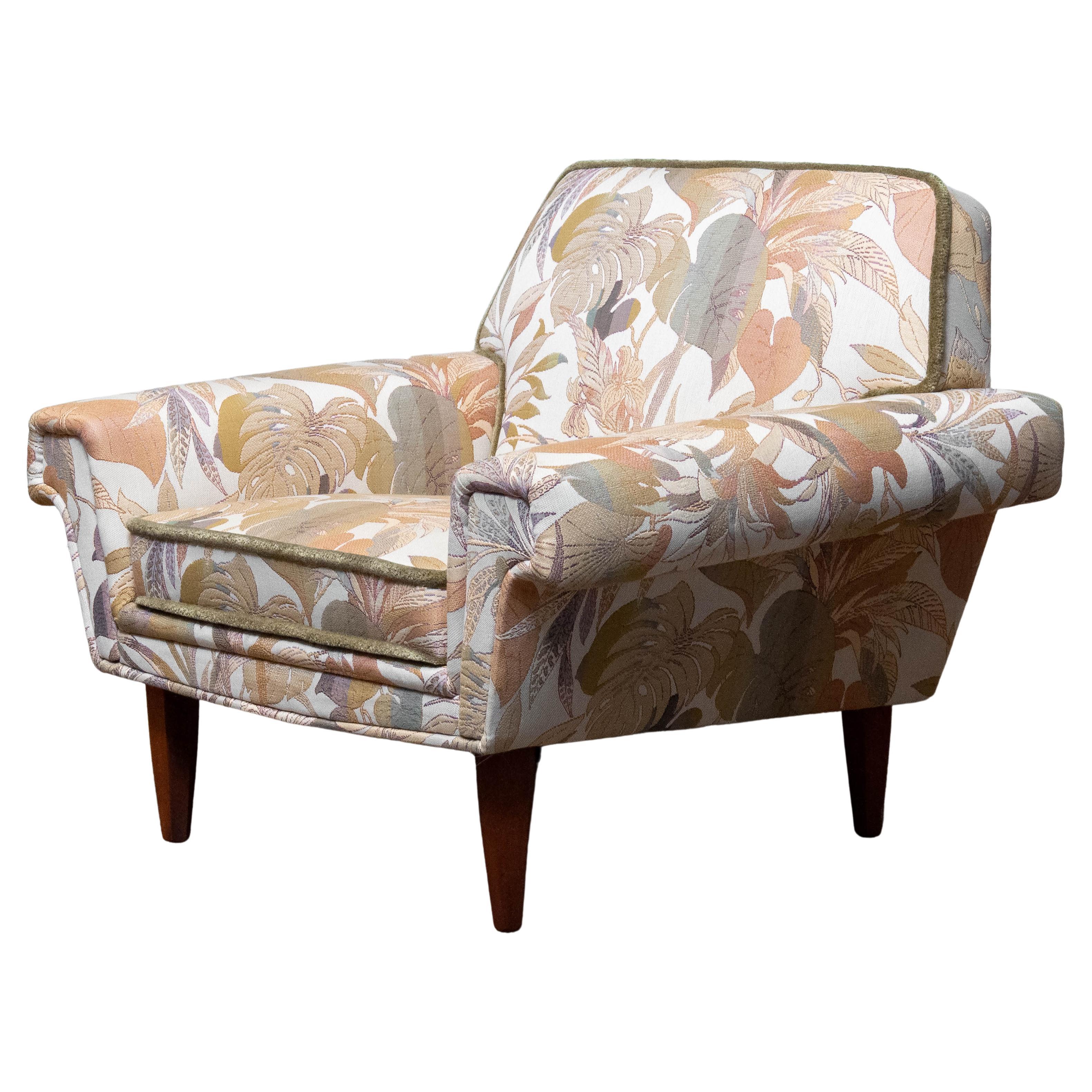 Danish Low Back Lounge Chair Upholstered Floral Jacquard Fabric from the 1970's For Sale