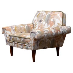 Retro Danish Low Back Lounge Chair Upholstered Floral Jacquard Fabric from the 1970's